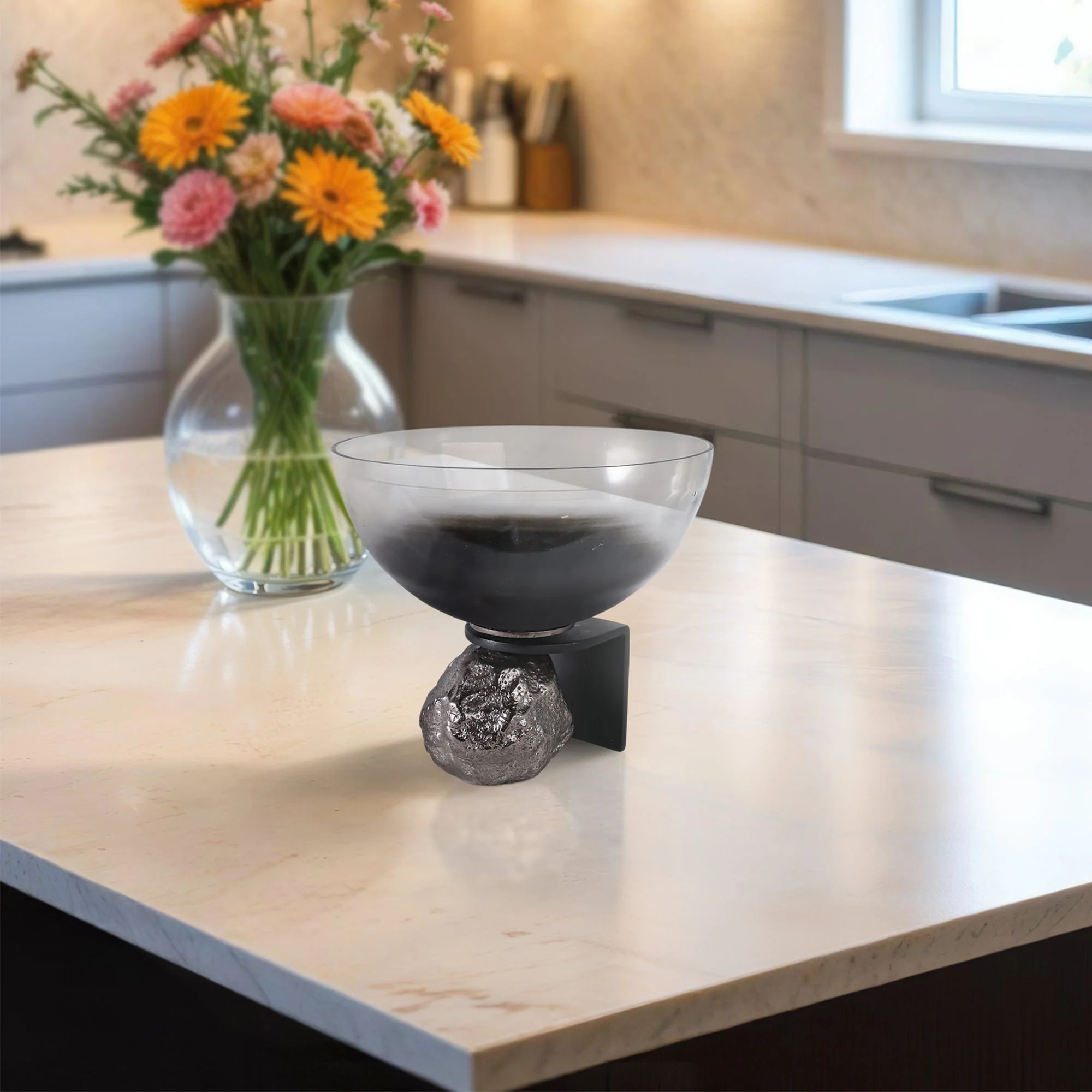 11x10" Glass Bowl On Rock Pedestal, Black/silver - Image 10
