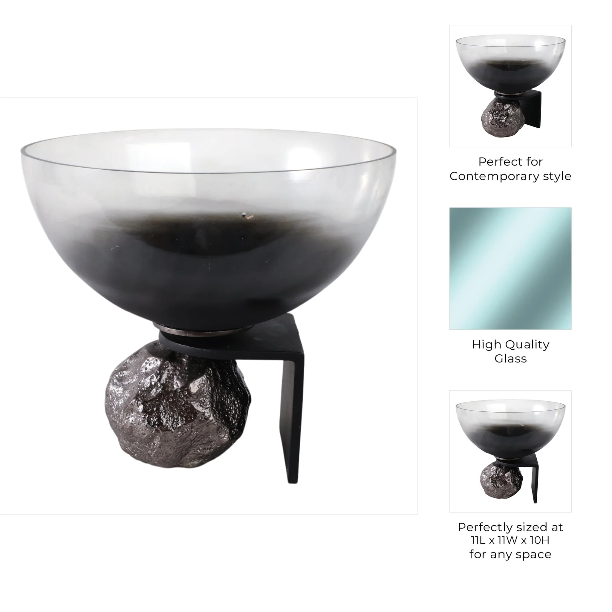 11x10" Glass Bowl On Rock Pedestal, Black/silver - Image 9