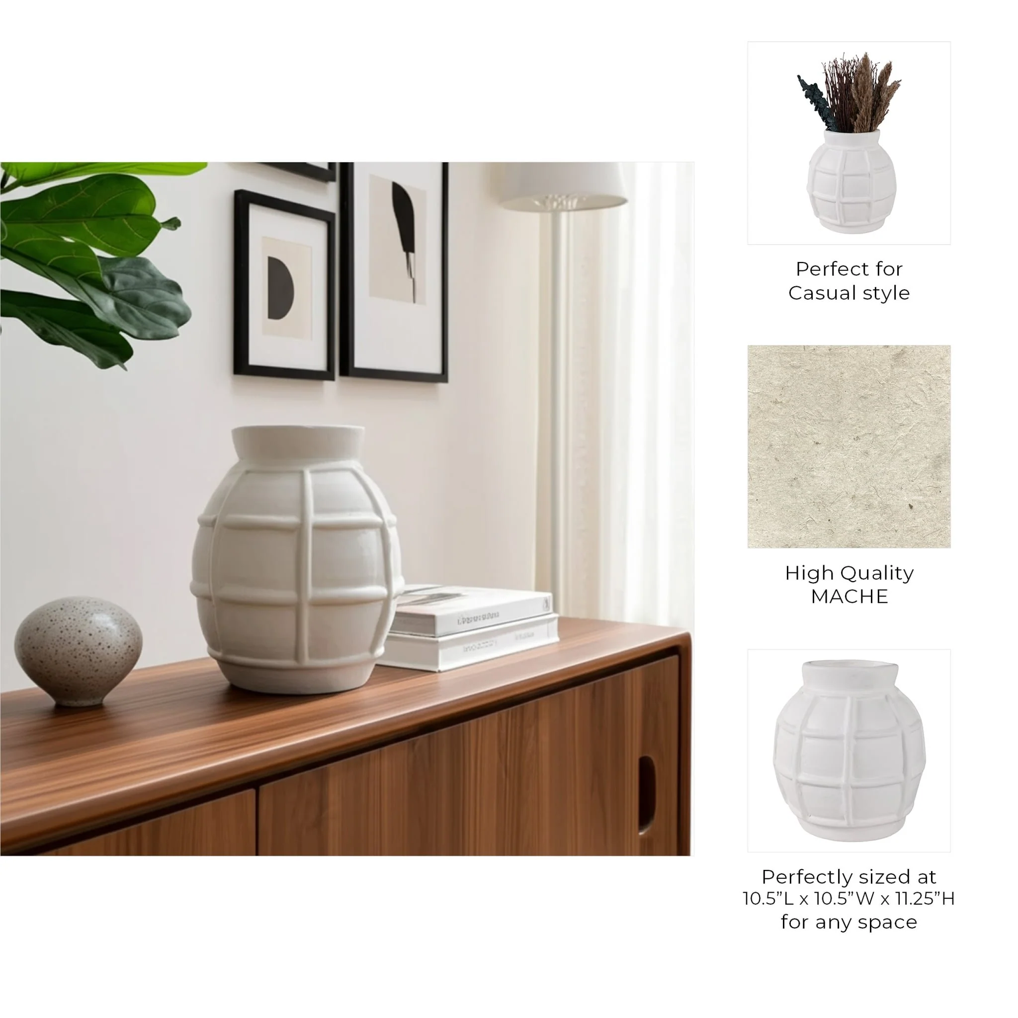 11x11" Windowpane Paper Mache Vase, White - Image 9