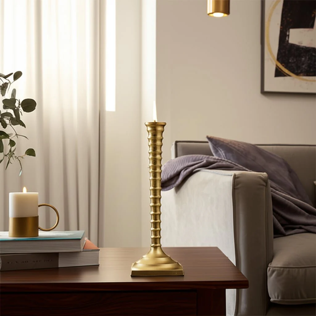 11x4" Ribbed Metal Taper Holder, Gold - Image 4