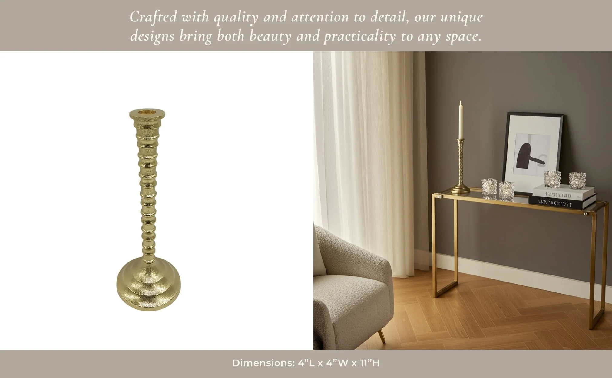 11x4" Ribbed Metal Taper Holder, Gold - Image 5