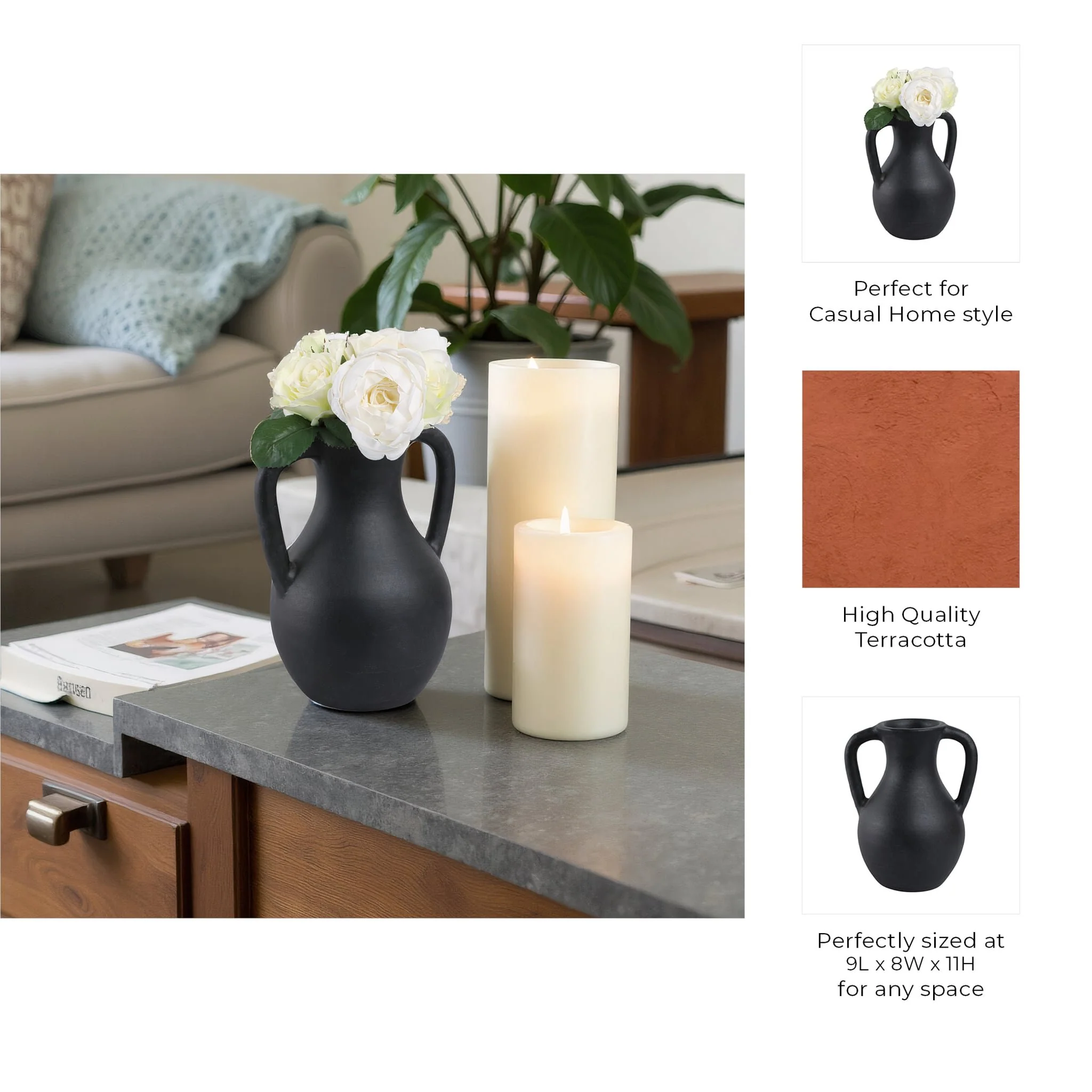 11x9" Terracotta Jug Vase With Handles, Black - Image 10