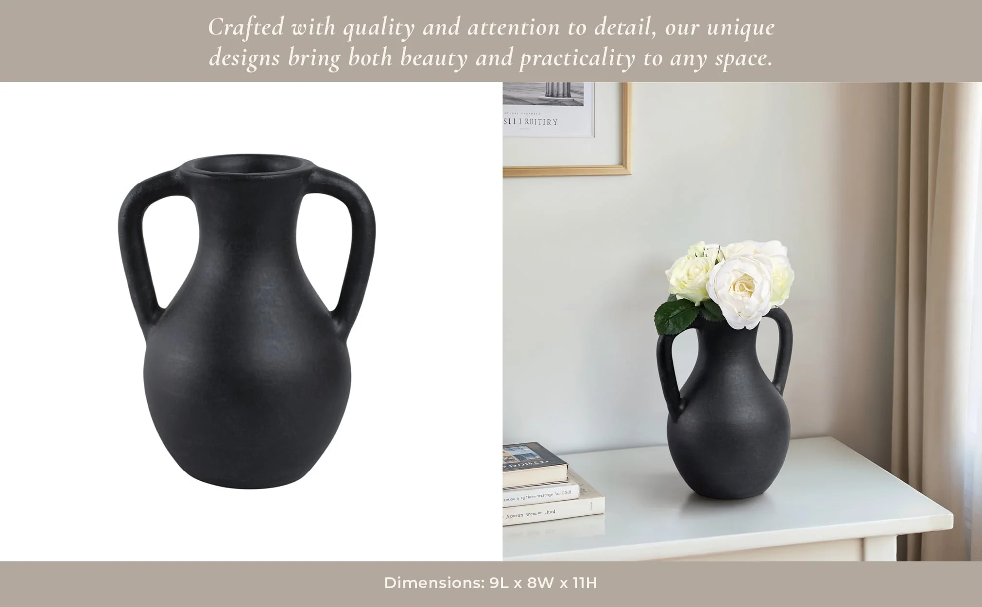 11x9" Terracotta Jug Vase With Handles, Black - Image 14