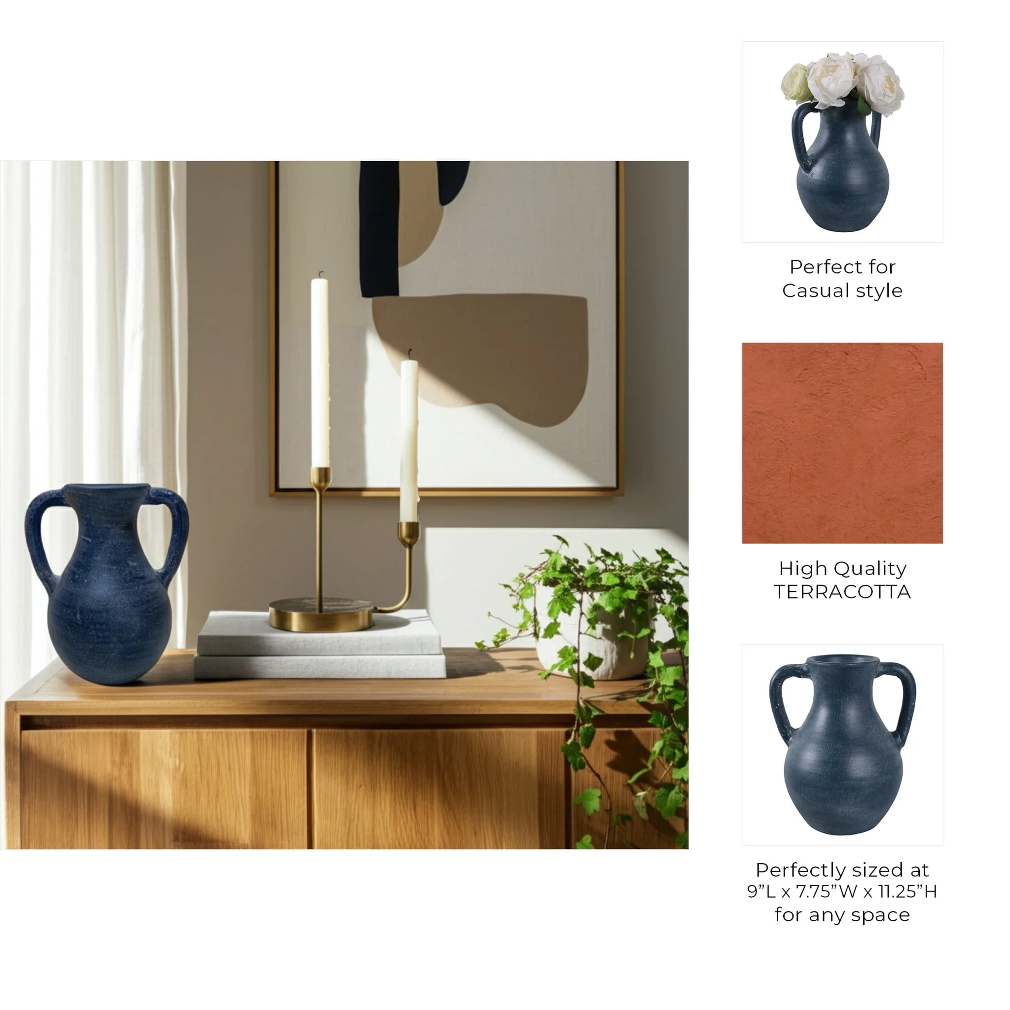 11x9" Terracotta Jug Vase With Handles, Blue - Image 9