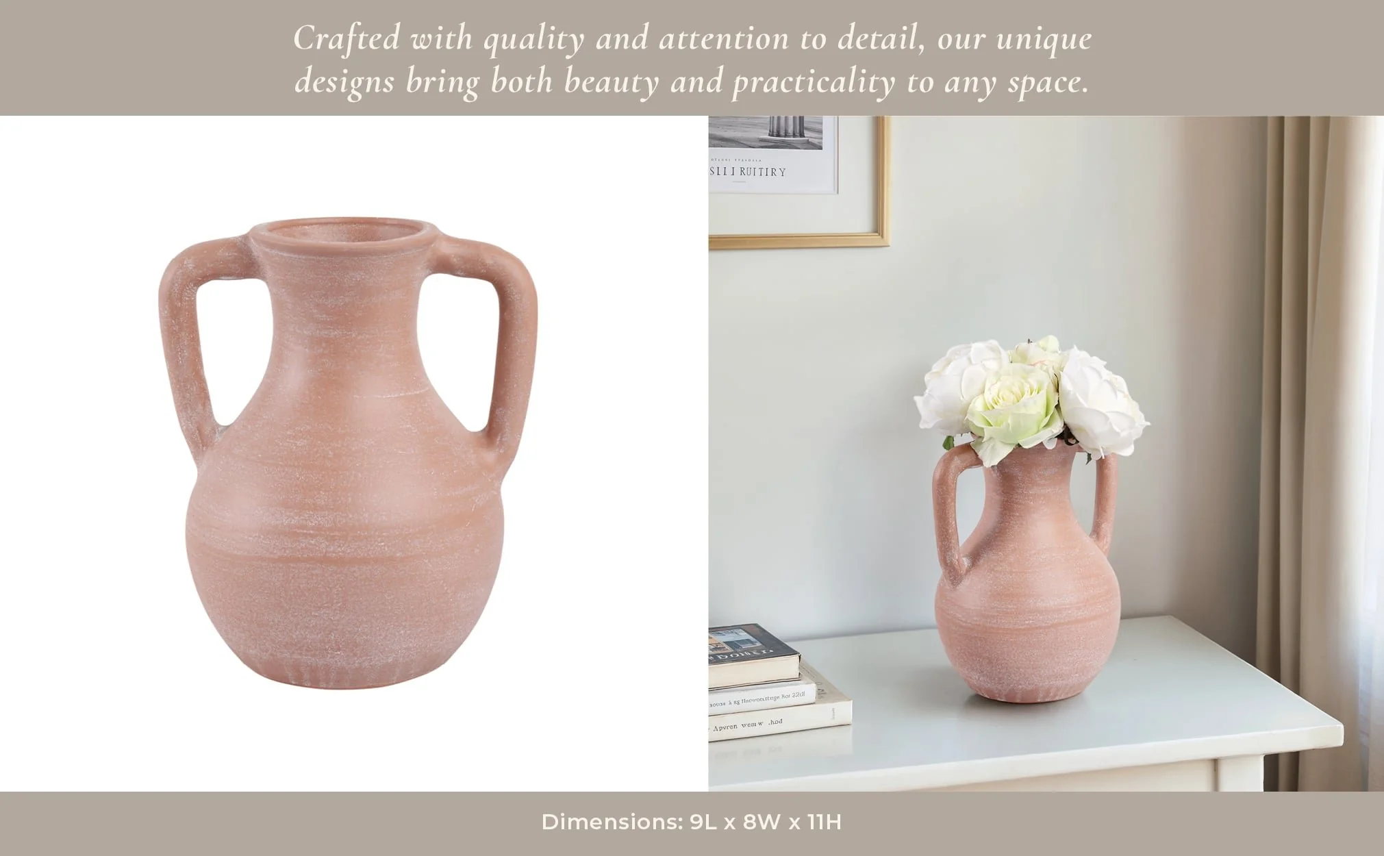 11x9" Terracotta Jug Vase With Handles, Light Natu - Image 11