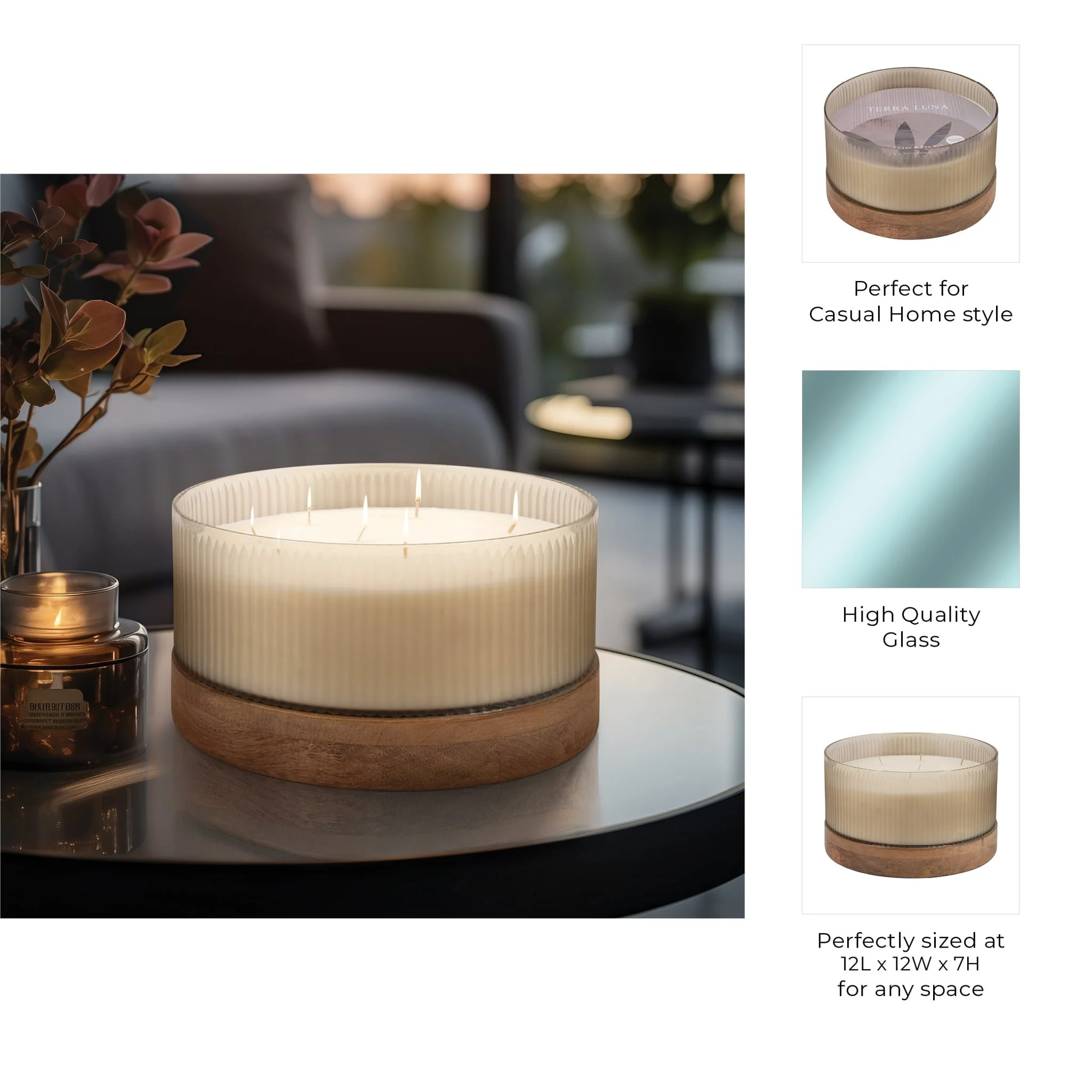 12" 183 Oz Glass Candle W/ Wood Base, Ivory - Image 9