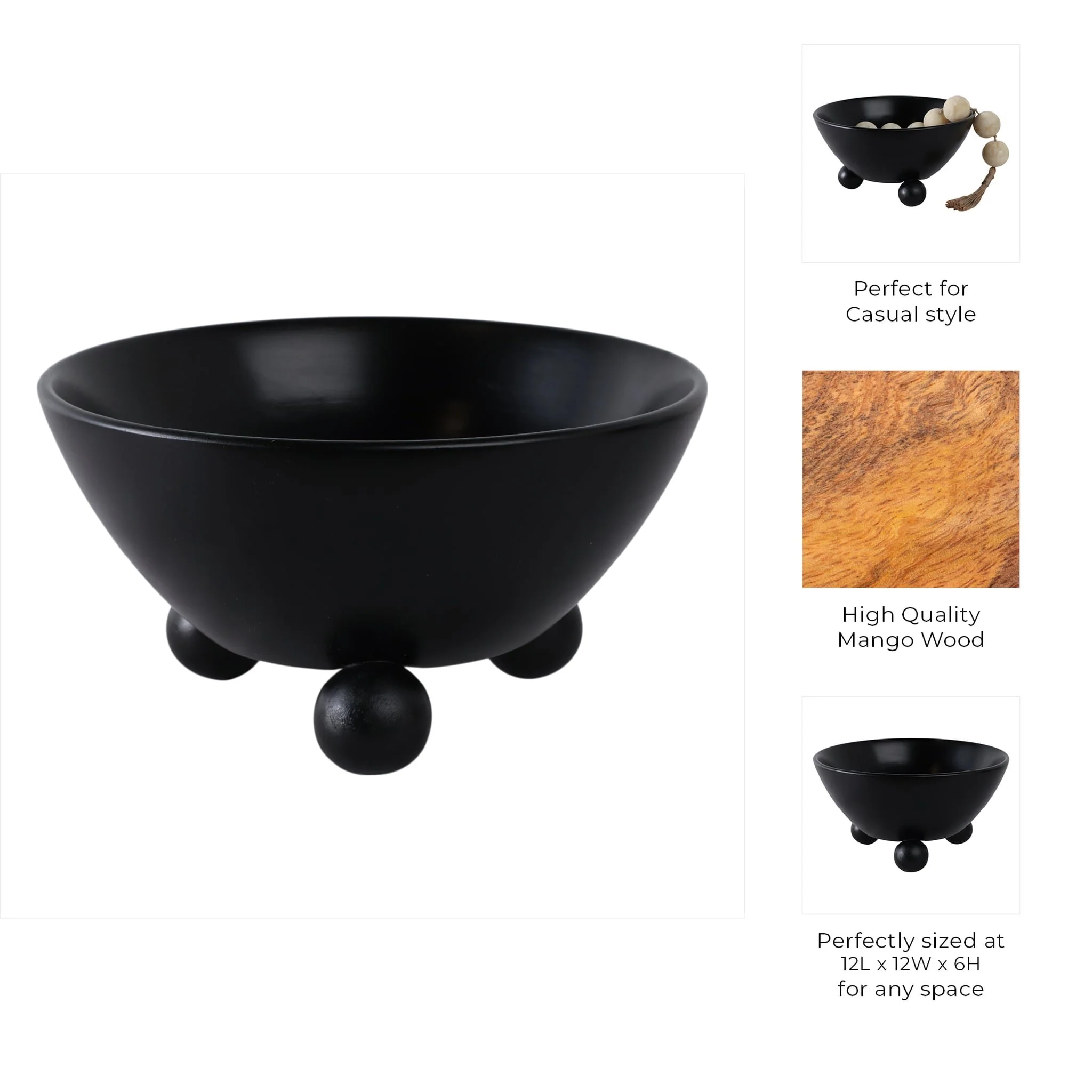 12" Bowl With Ball Feet, Black - Image 9