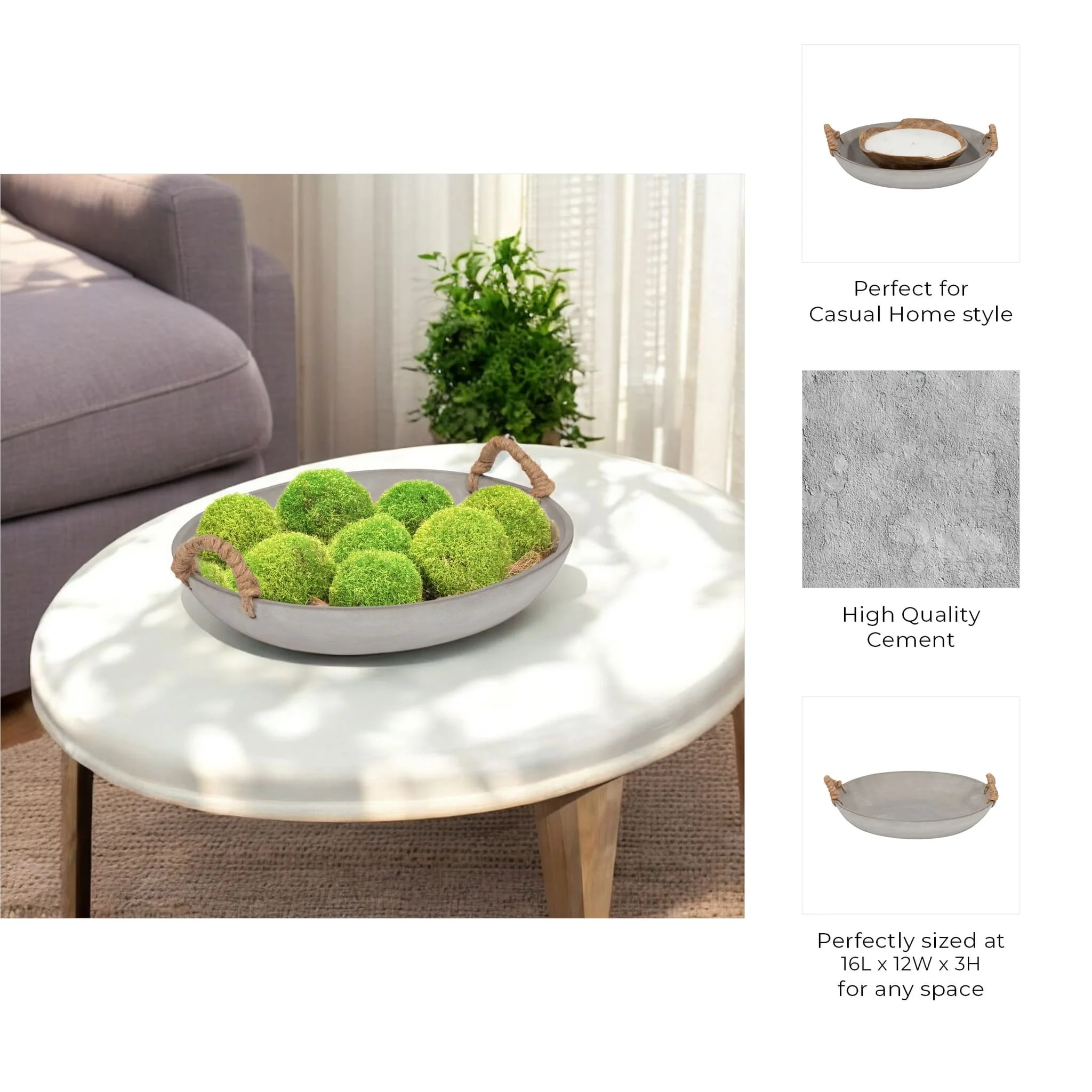 12" Cement Bowl W/ Woven Handles, Grey - Image 10