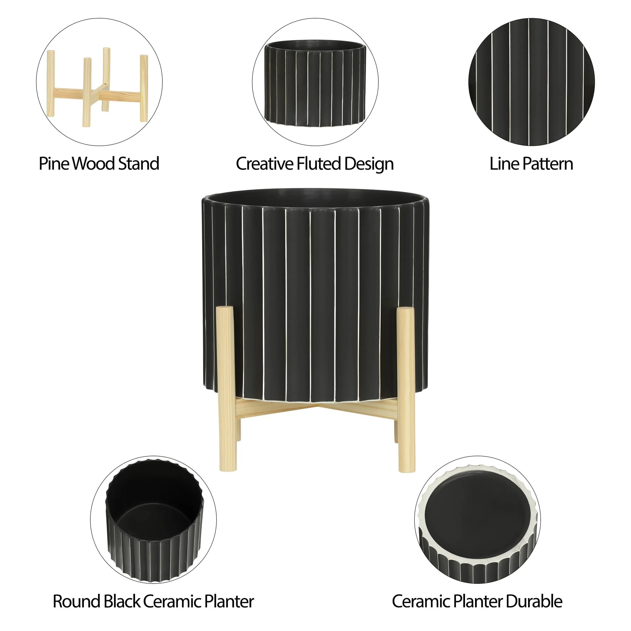 12" Ceramic Fluted Planter W/ Wood Stand, Black - Image 10