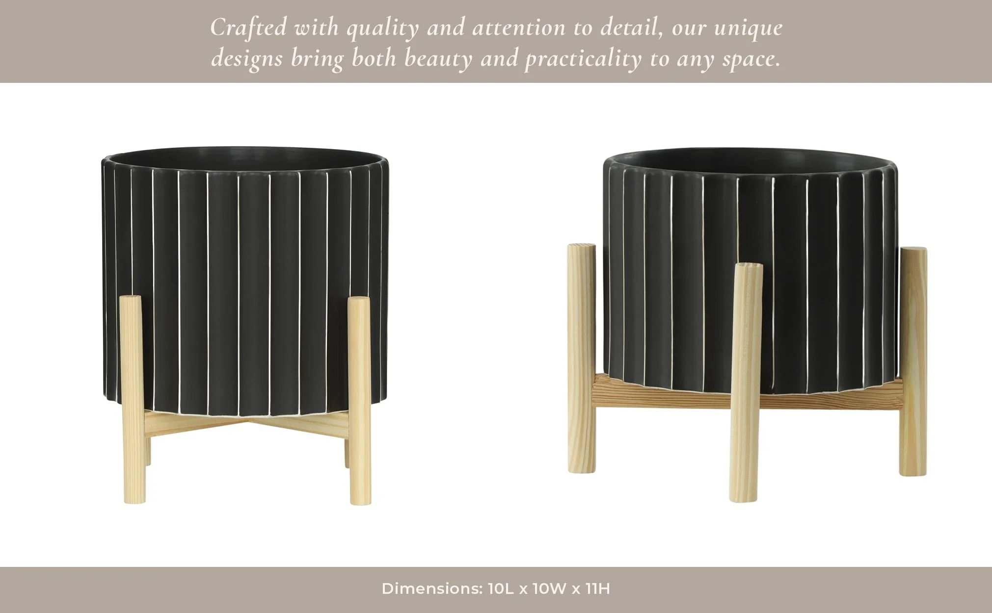 12" Ceramic Fluted Planter W/ Wood Stand, Black - Image 13