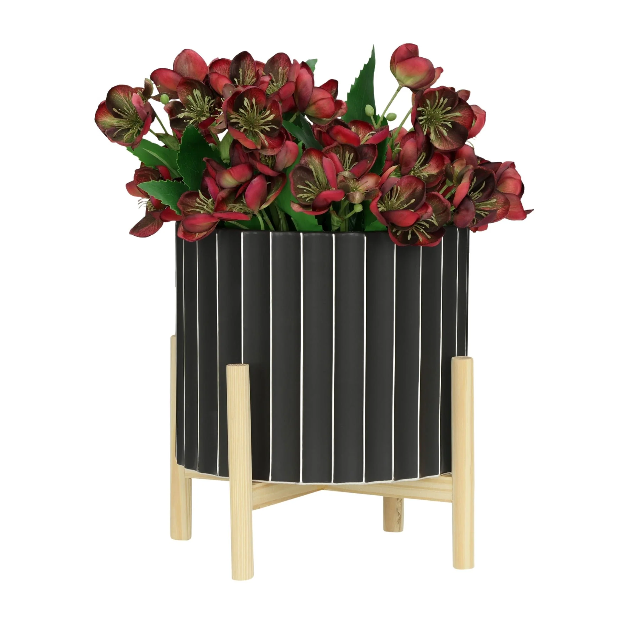 12" Ceramic Fluted Planter W/ Wood Stand, Black - Image 4