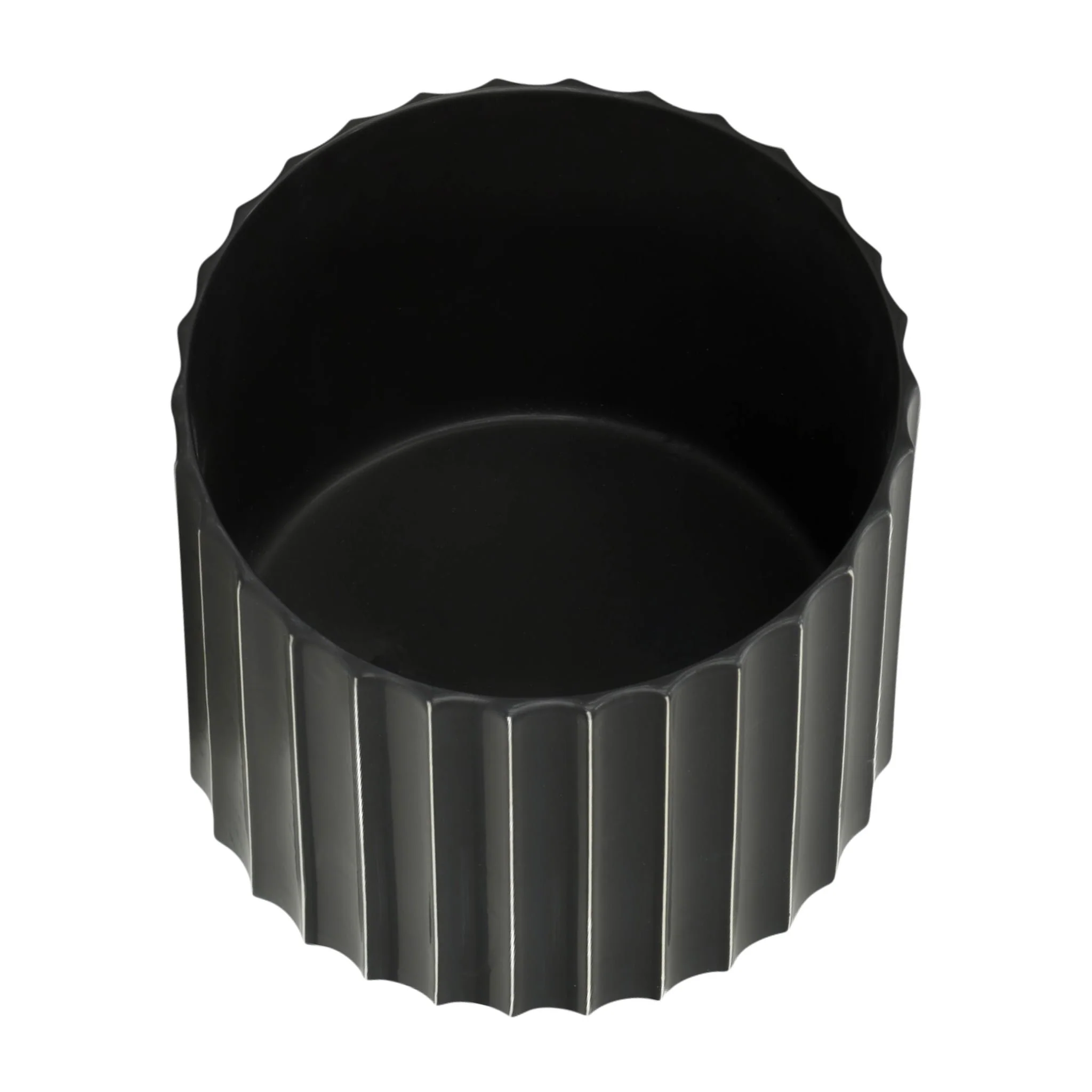 12" Ceramic Fluted Planter W/ Wood Stand, Black - Image 5