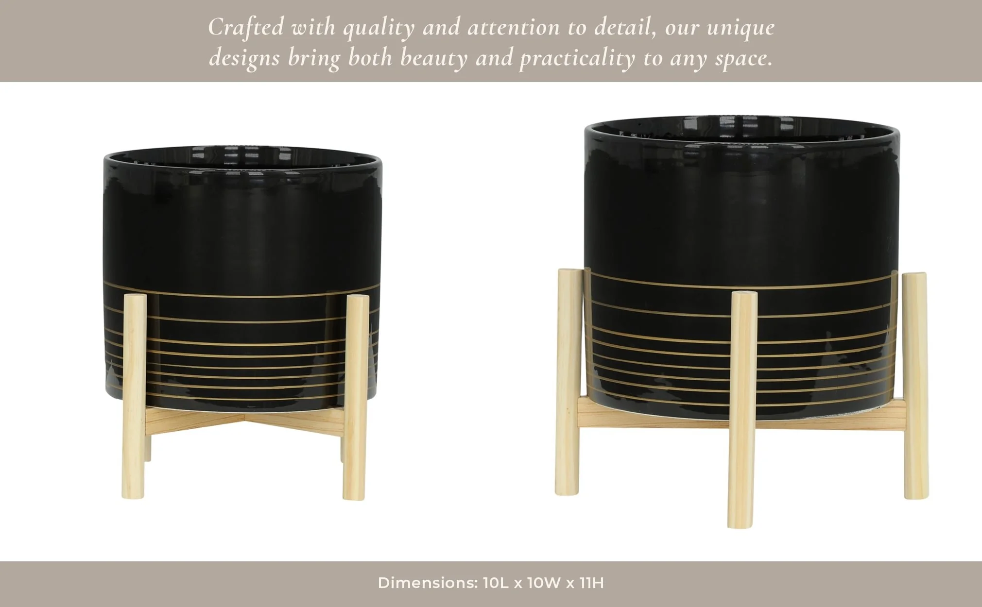 12" Ceramic Metallic Planter W/ Wood Stand, Black - Image 12