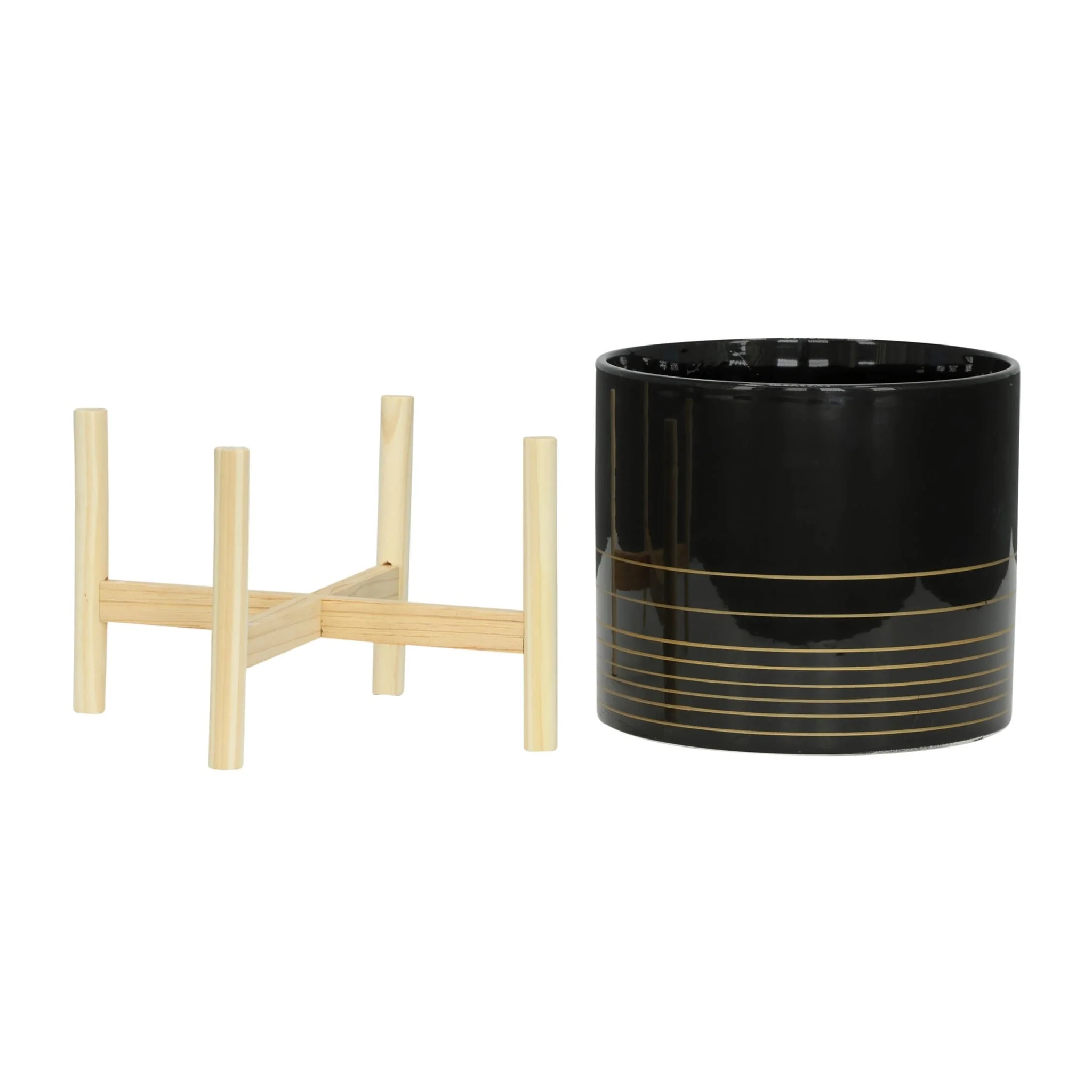 12" Ceramic Metallic Planter W/ Wood Stand, Black - Image 3