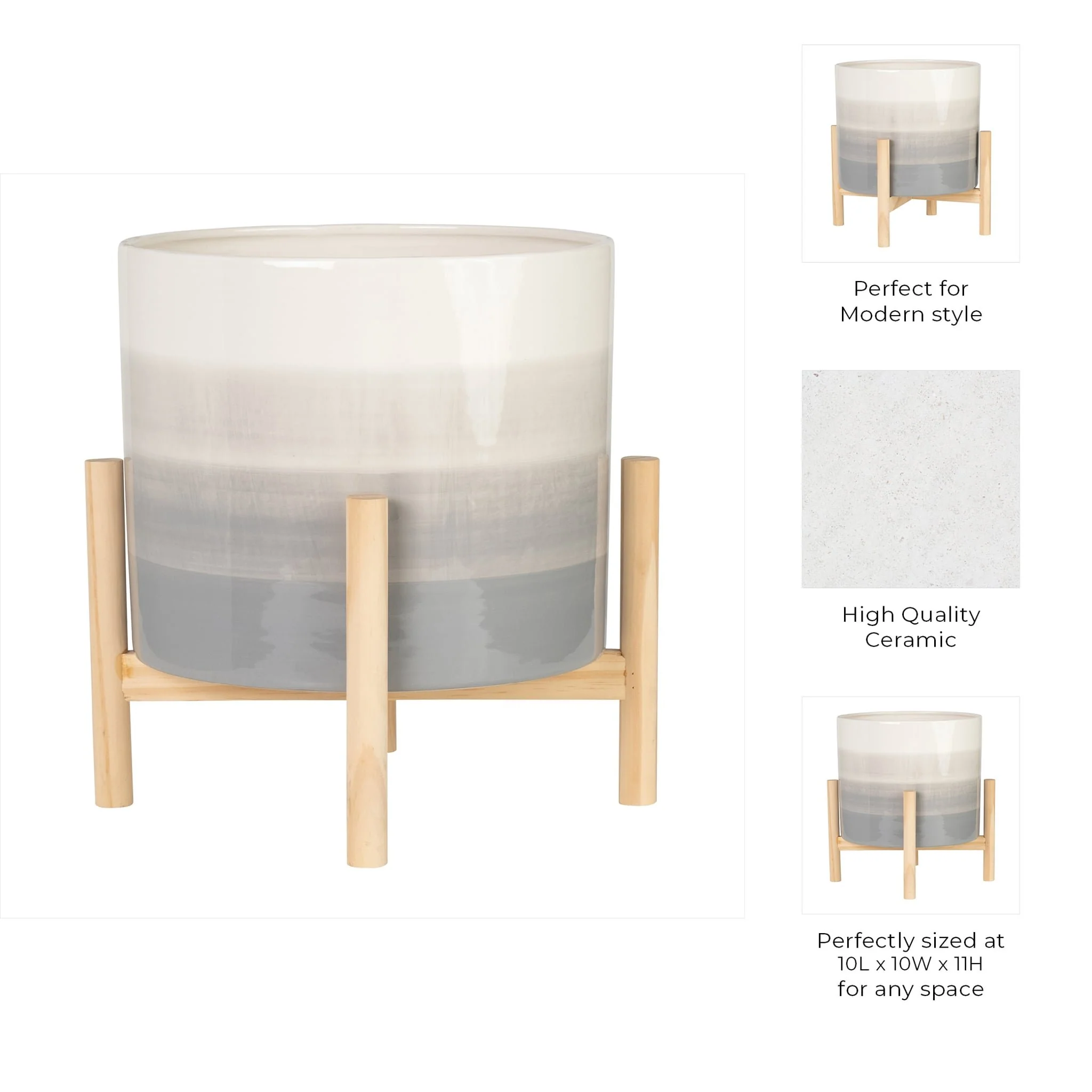 12" Ceramic Planter W/ Wood Stand, Beige Mix - Image 10