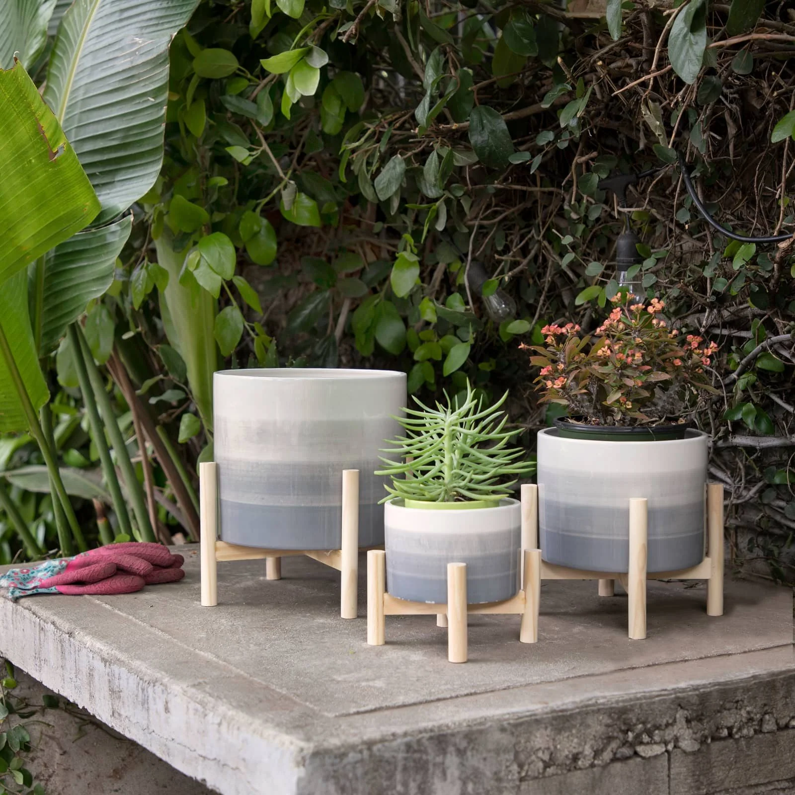 12" Ceramic Planter W/ Wood Stand, Beige Mix - Image 11