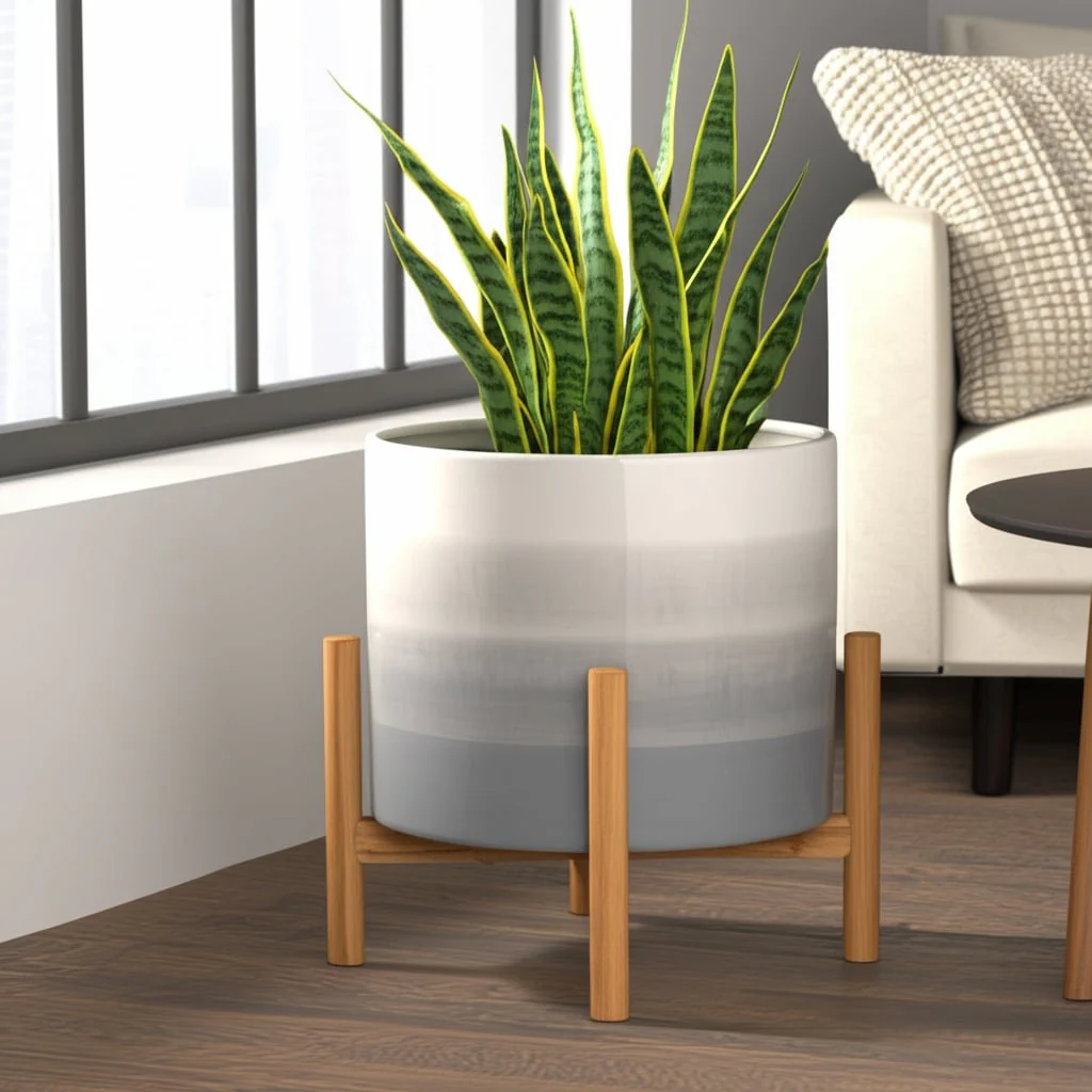12" Ceramic Planter W/ Wood Stand, Beige Mix - Image 15