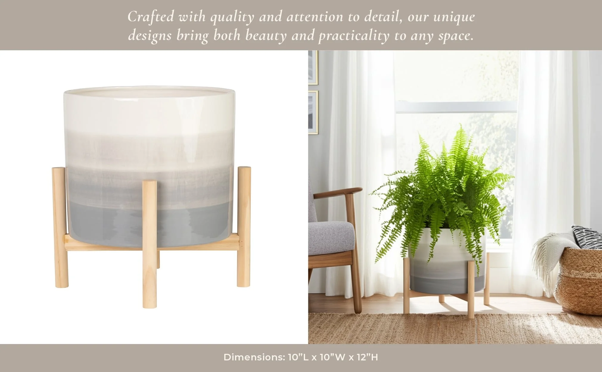 12" Ceramic Planter W/ Wood Stand, Beige Mix - Image 16