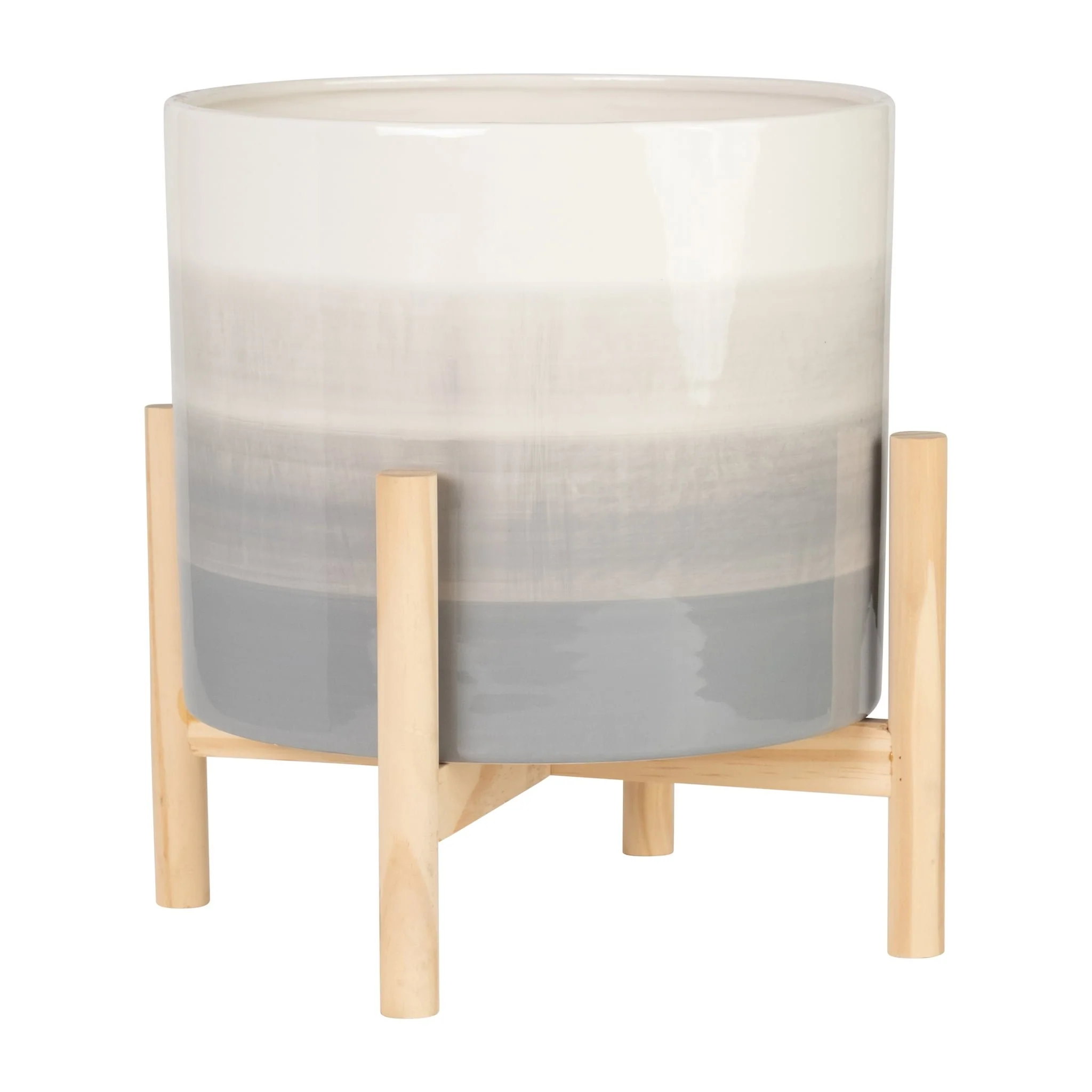 12" Ceramic Planter W/ Wood Stand, Beige Mix - Image 2