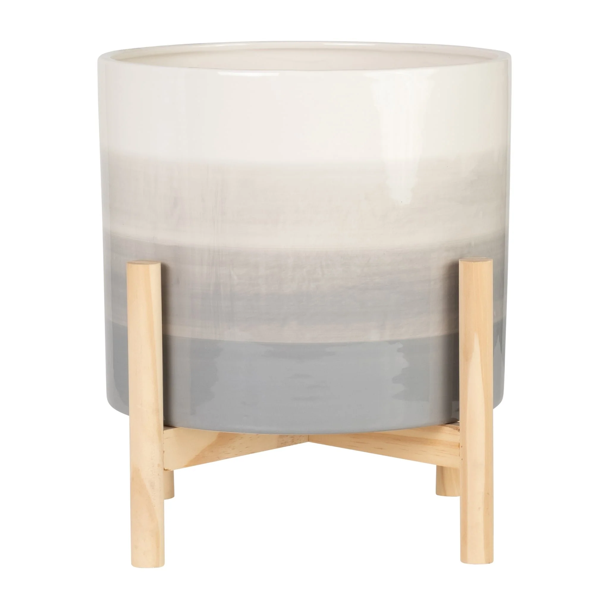 12" Ceramic Planter W/ Wood Stand, Beige Mix - Image 3