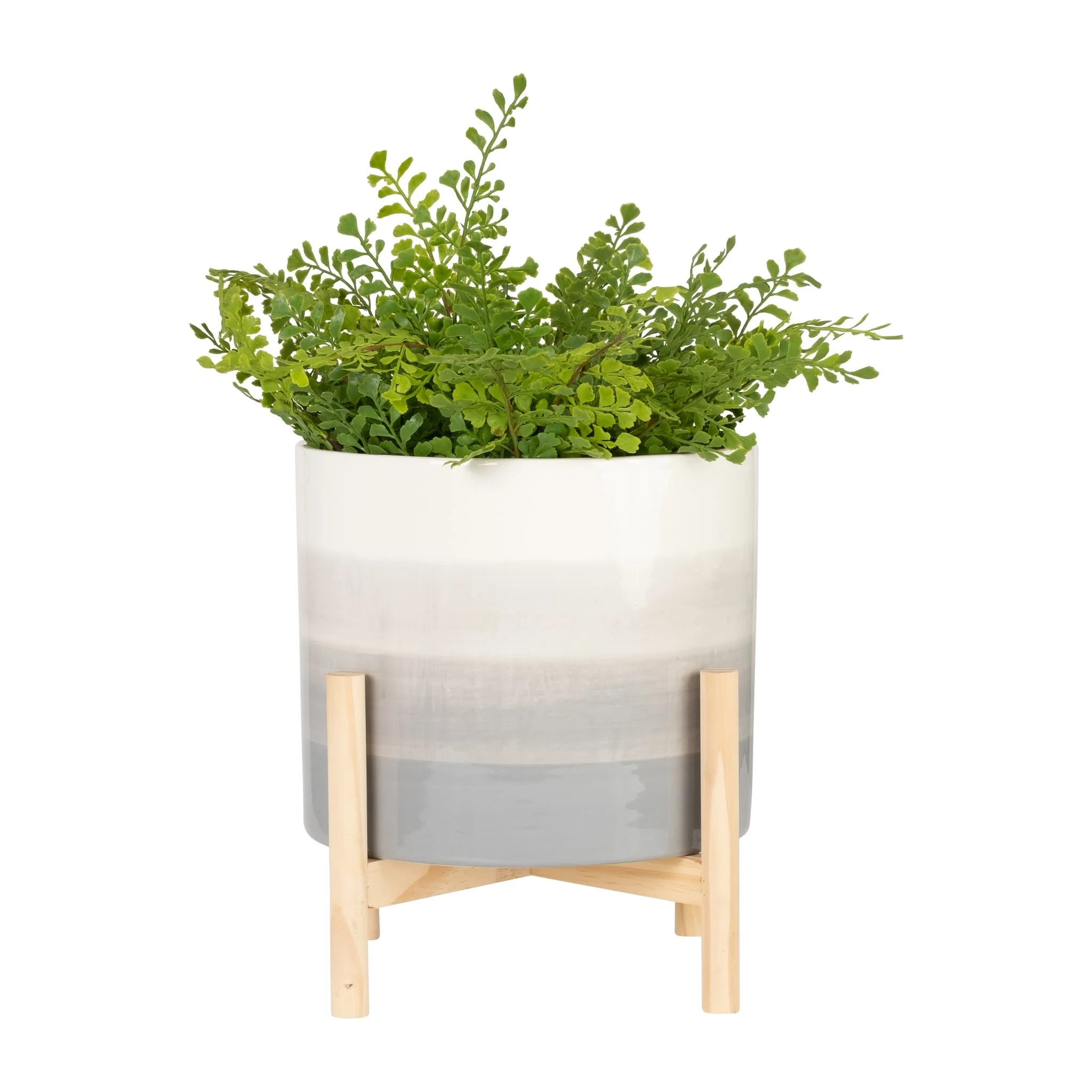 12" Ceramic Planter W/ Wood Stand, Beige Mix - Image 4