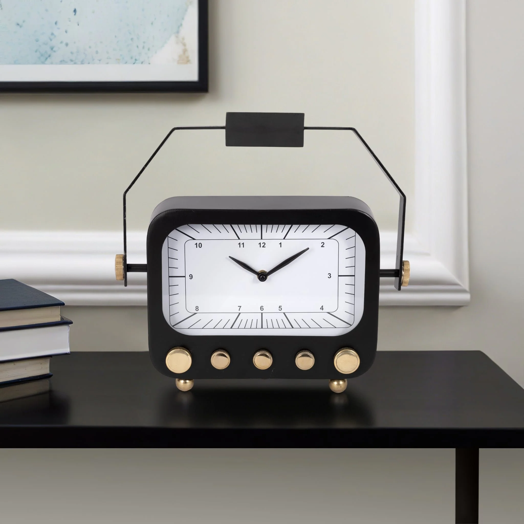 12" Footed Clock With Handle, Black/gold - Image 11