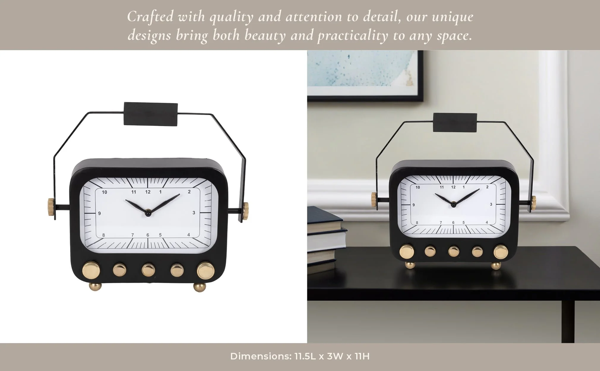12" Footed Clock With Handle, Black/gold - Image 12