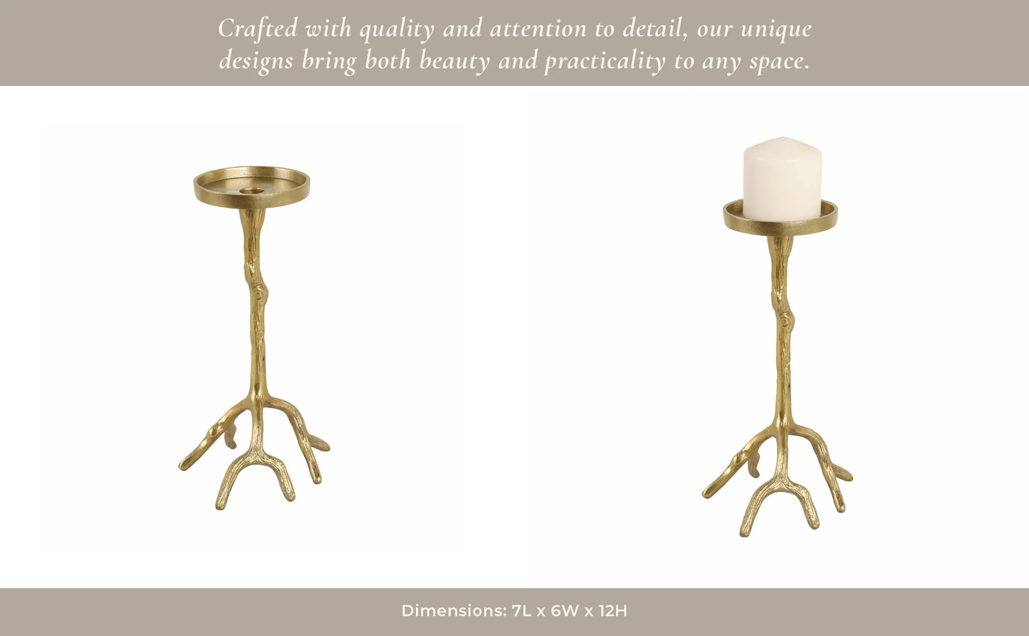 12" Roots Pillar & Taper Candle Holder, Gold - Image 12