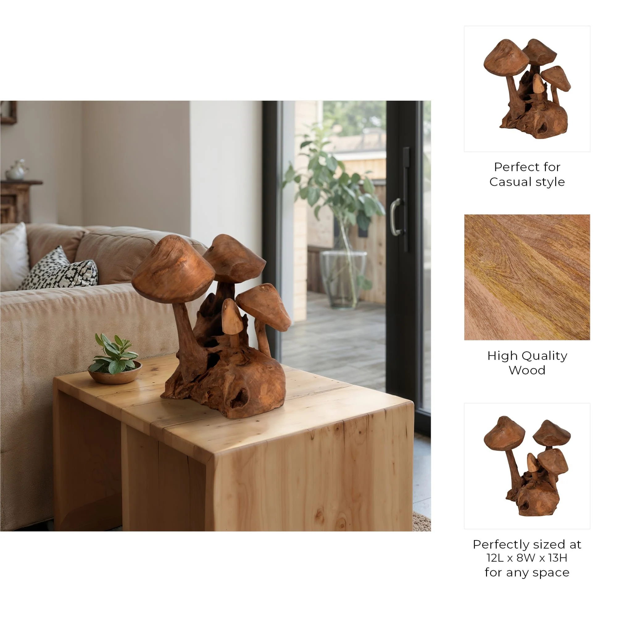 12" Teak Wood Mushroom Cluster, Natural - Image 9