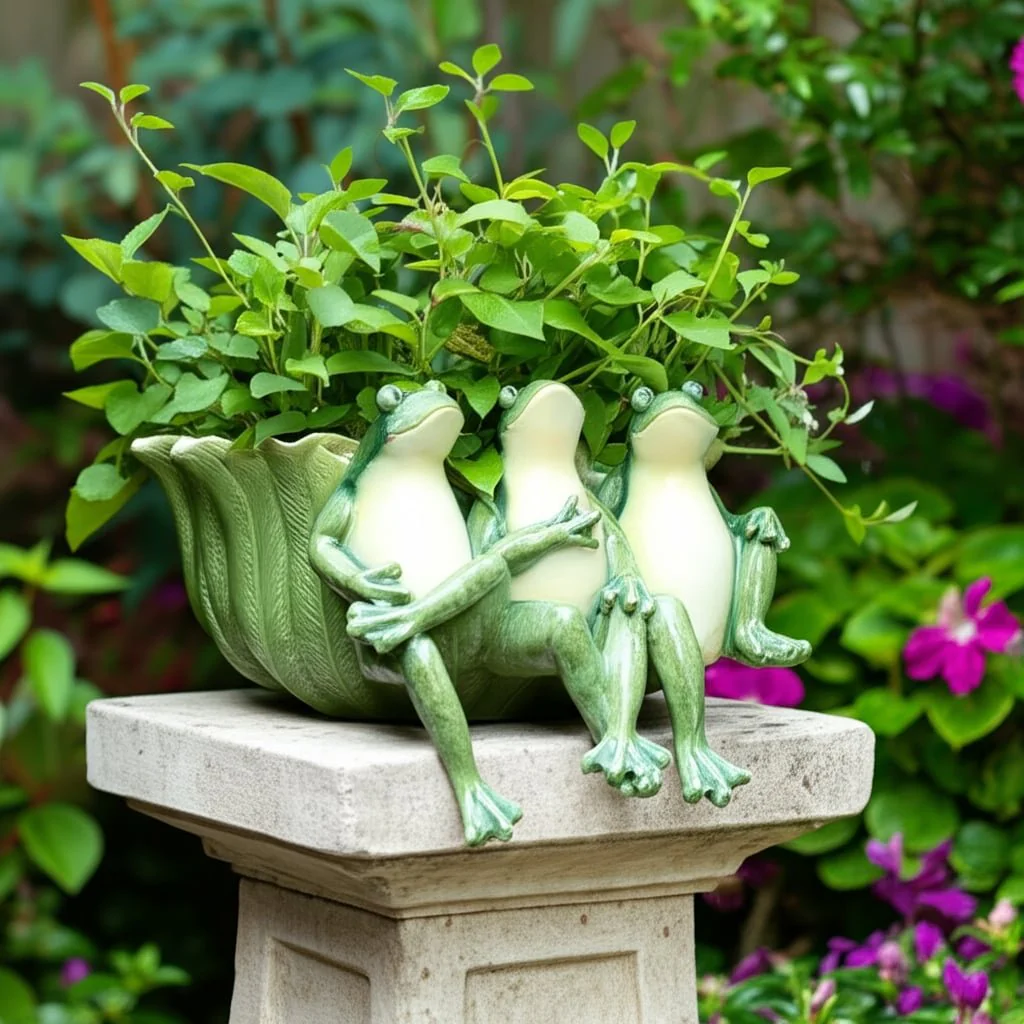 12" Three Sitting Frogs Planter, Green - Image 13