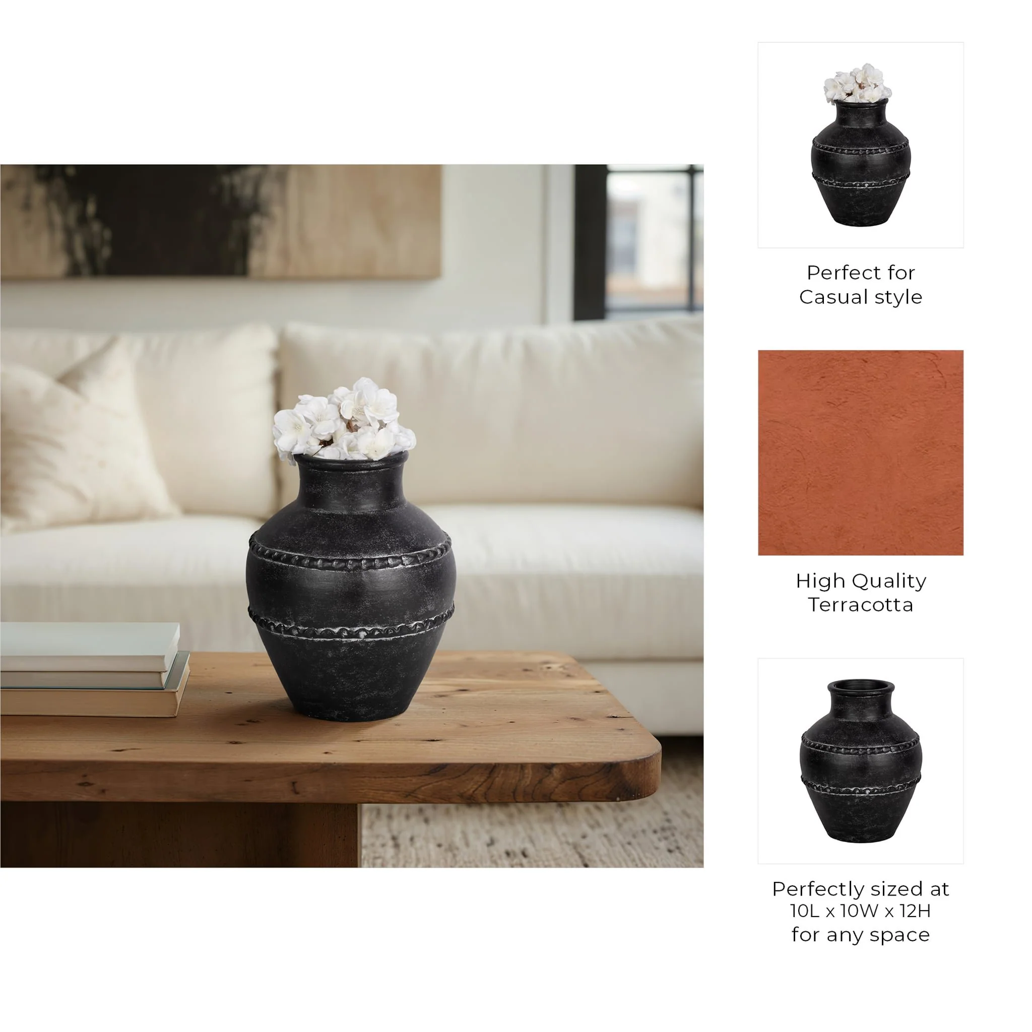 12" Traditional Terracotta Vase, Black - Image 9