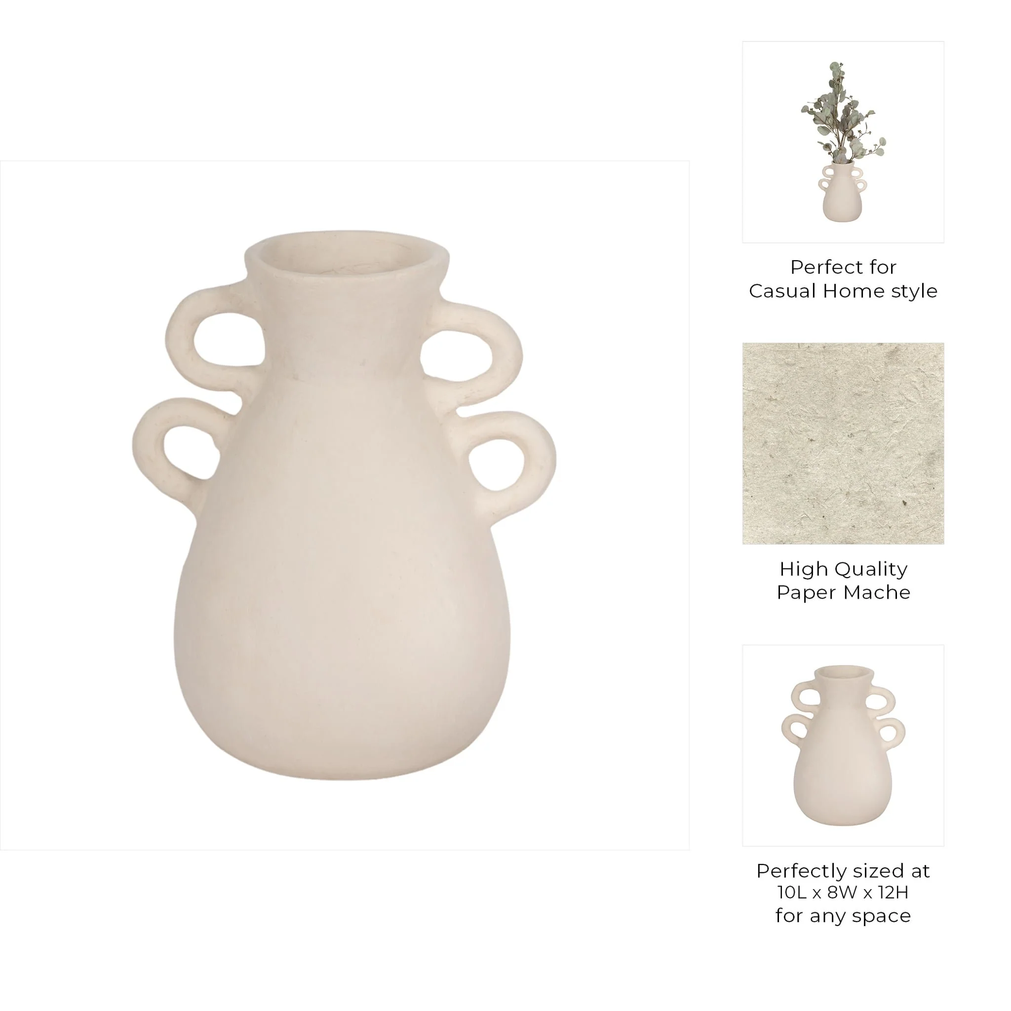 12" Vase With 4 Handles, Paper Mache, Ivory - Image 9