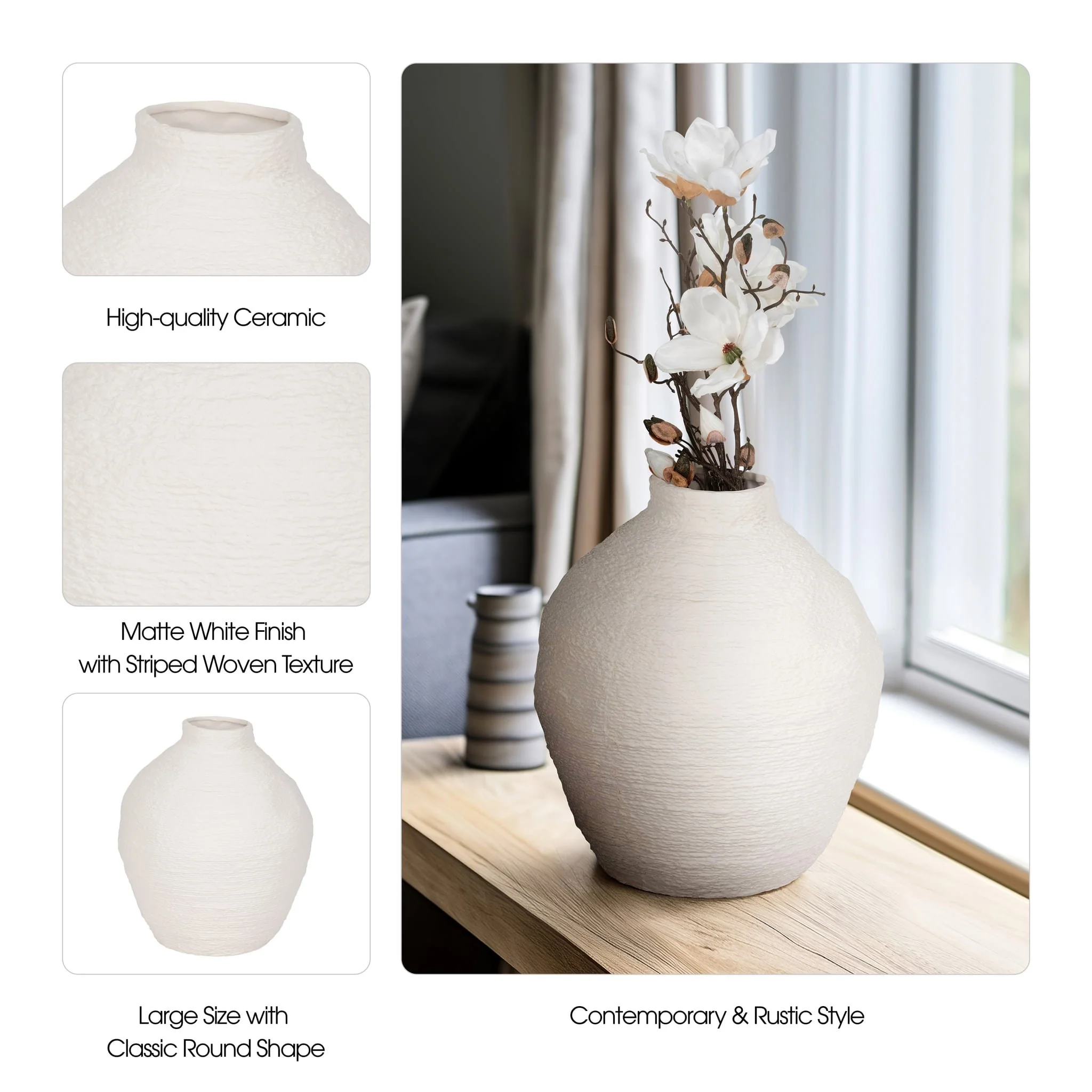 12" Woven Textured Vase, White - Image 8
