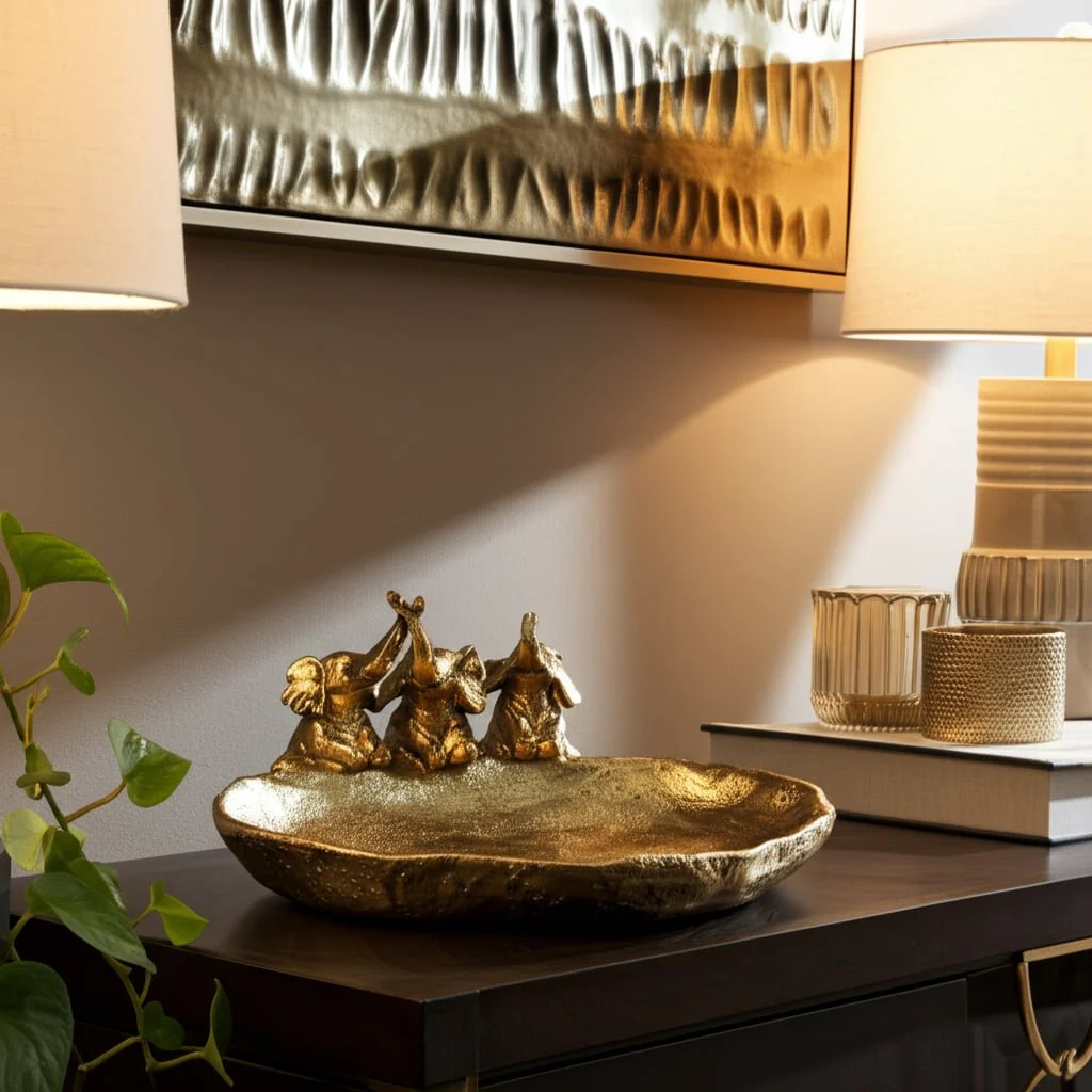 12x10" Bowl With 3 Elephants, Gold - Image 10
