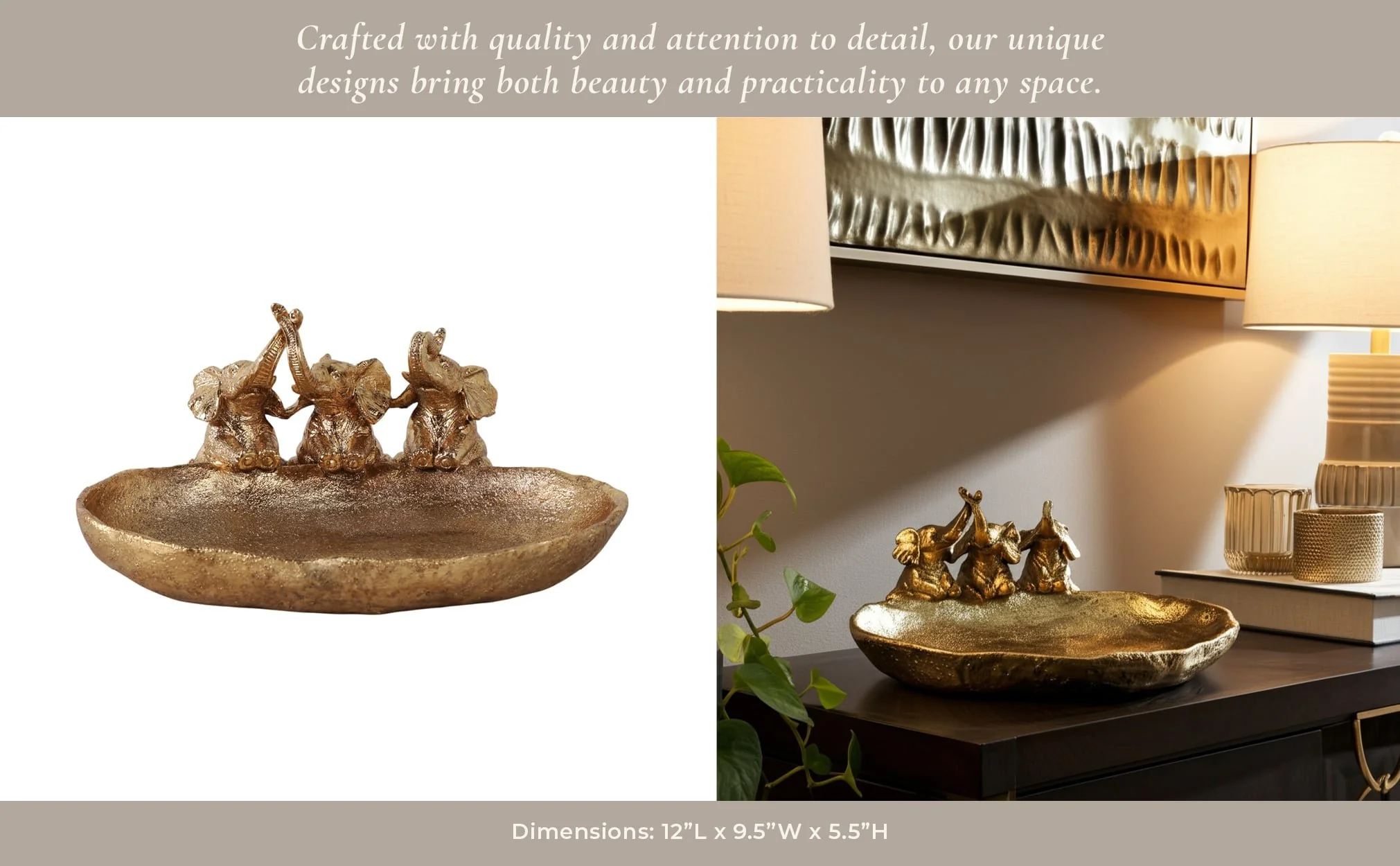 12x10" Bowl With 3 Elephants, Gold - Image 11
