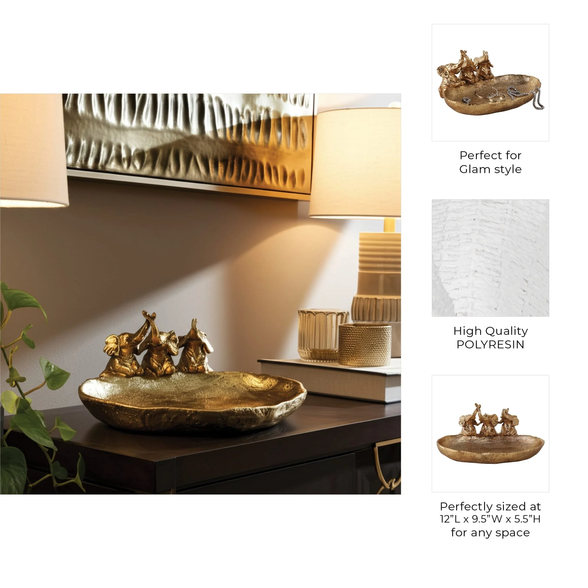 12x10" Bowl With 3 Elephants, Gold - Image 9