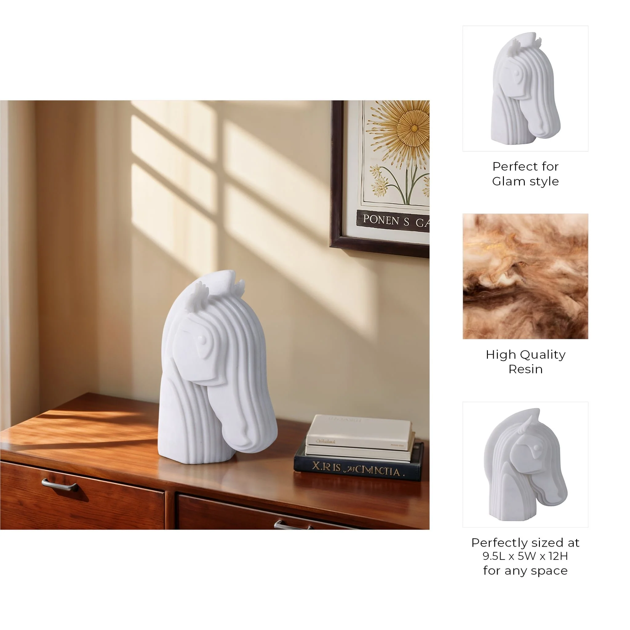 12x10"resin Horse Head Sculpture, White - Image 10