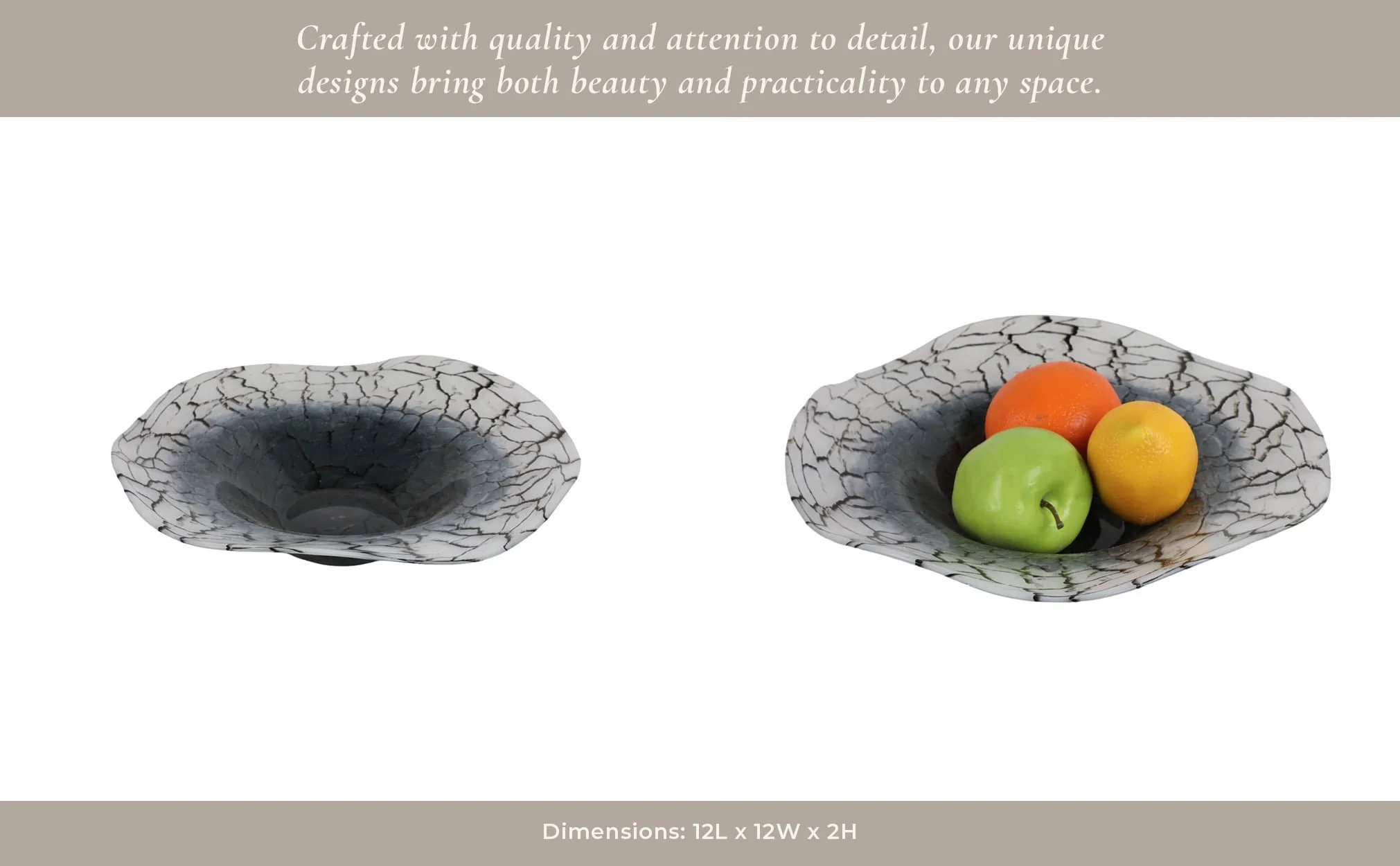 12x12" Abstract Glass Bowl With Veining, White/bla - Image 13