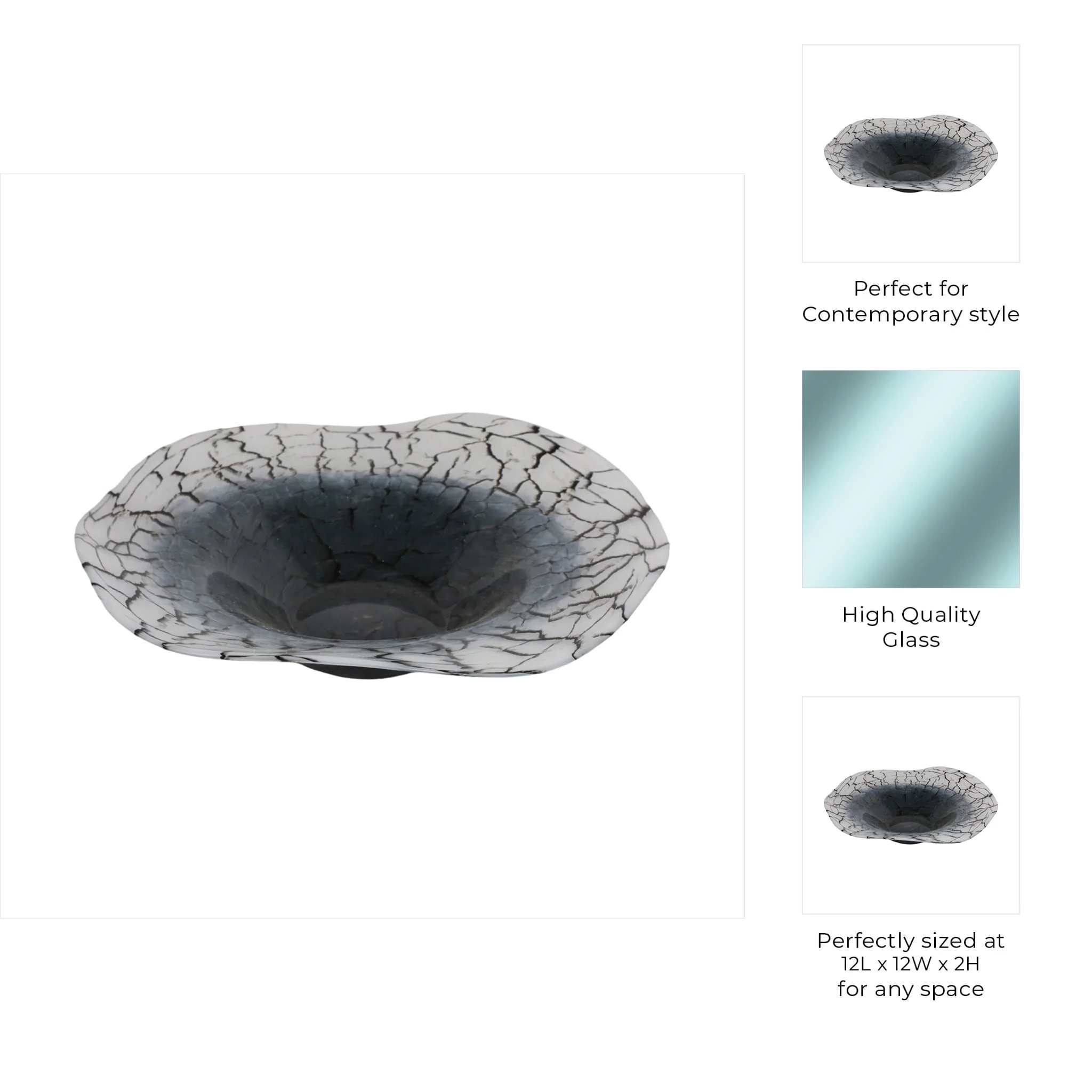 12x12" Abstract Glass Bowl With Veining, White/bla - Image 9