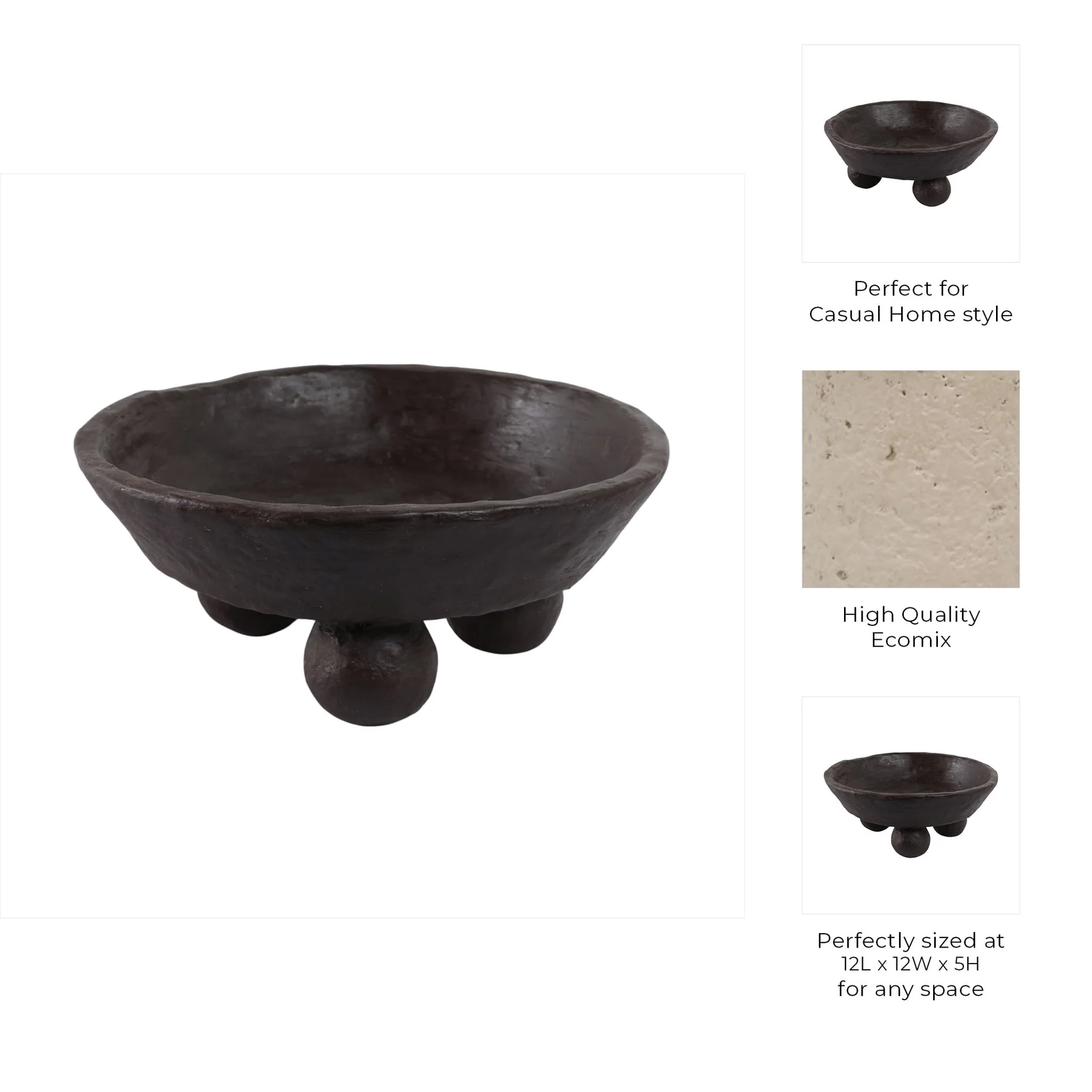 12x12" Paper Mache Knobby Footed Bowl, Brown - Image 8