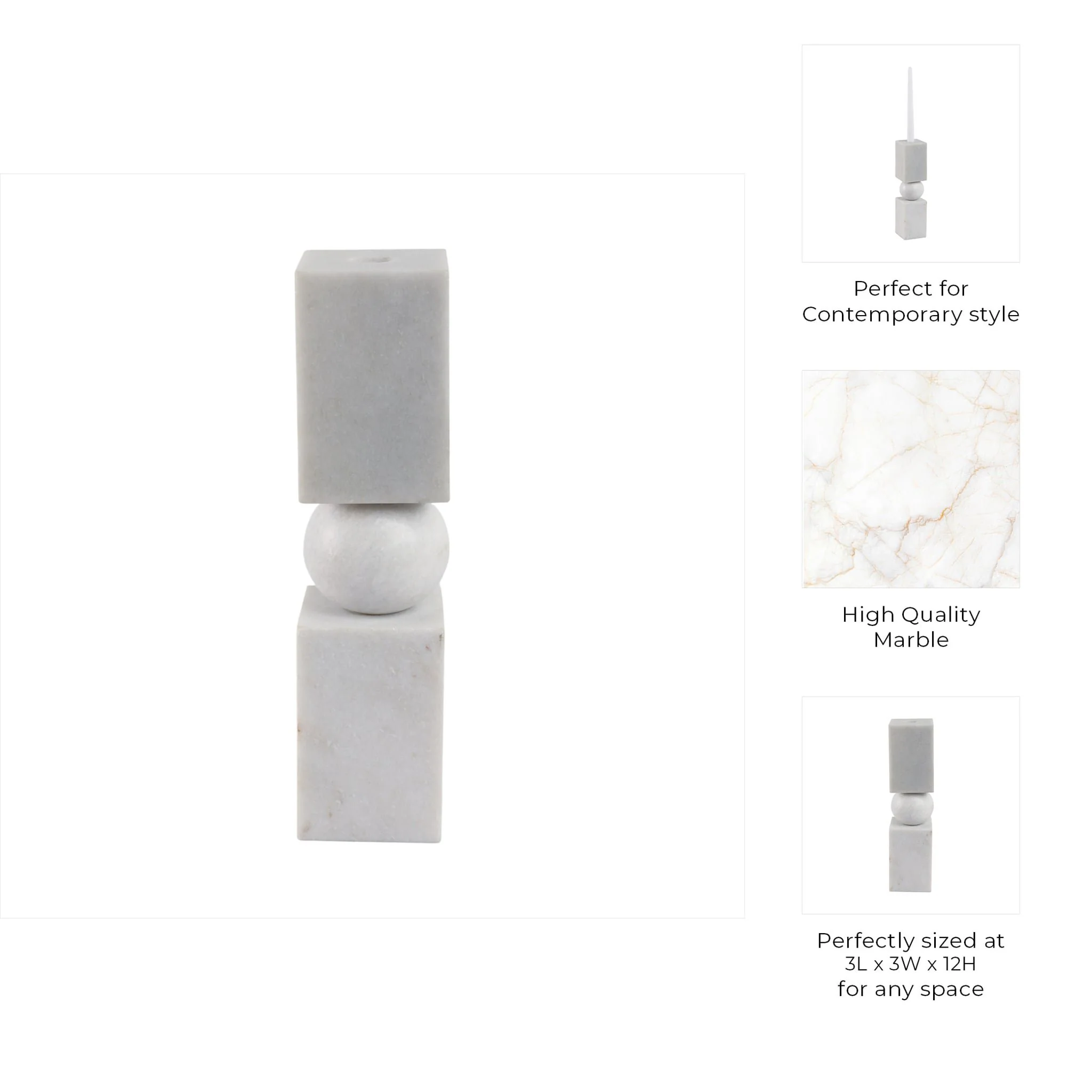 12x3" Chunky Marble Taper Holder, White - Image 9