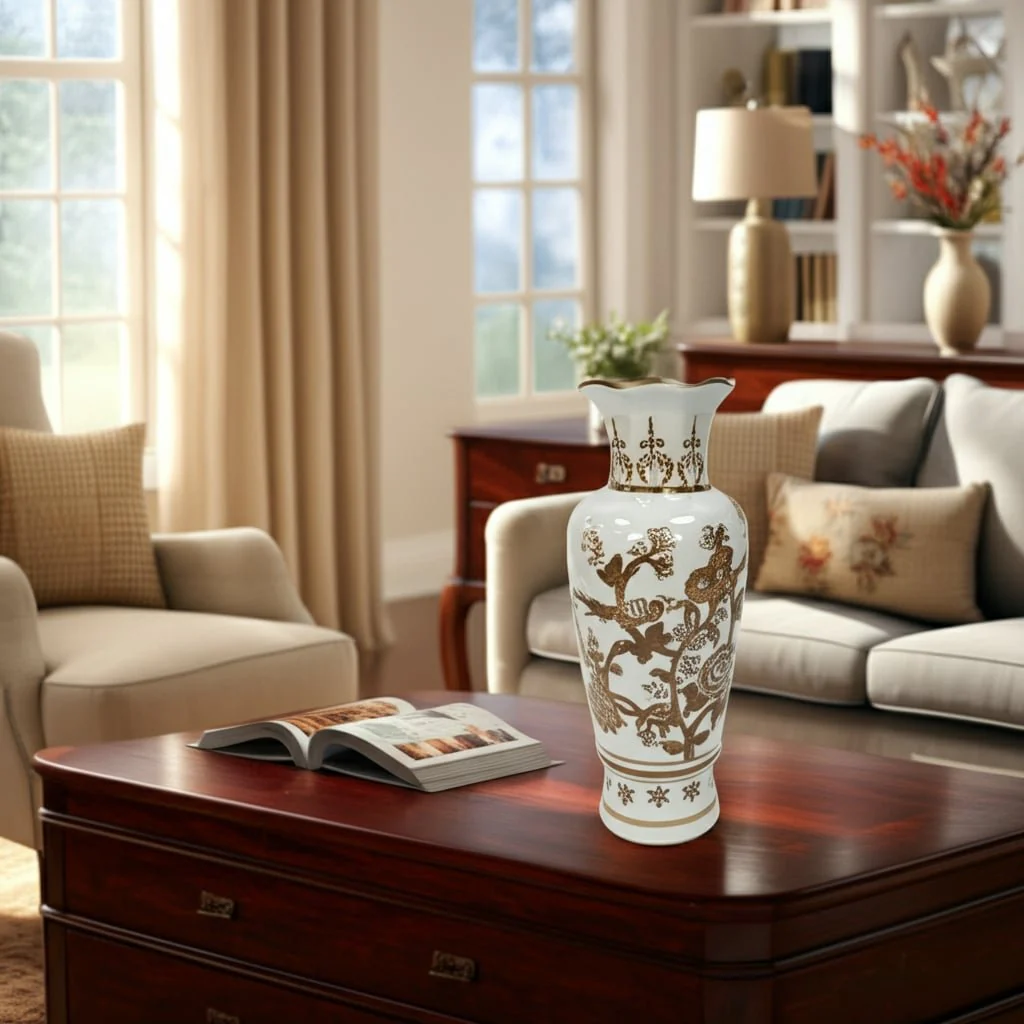 12x5" Chinoiserie Bird & Vines Vase, Brown/white - Image 11