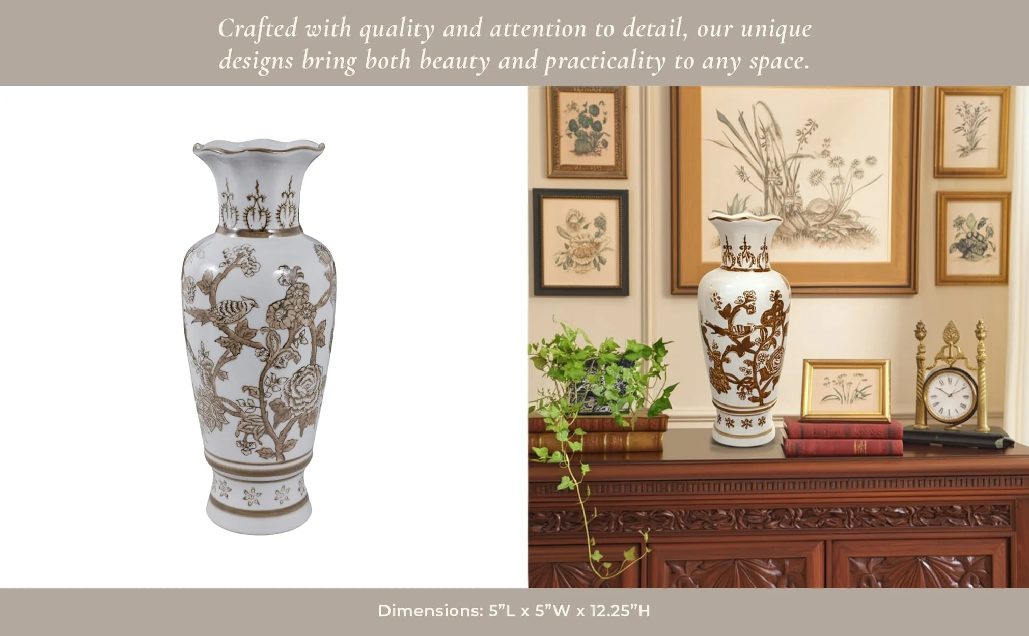 12x5" Chinoiserie Bird & Vines Vase, Brown/white - Image 12