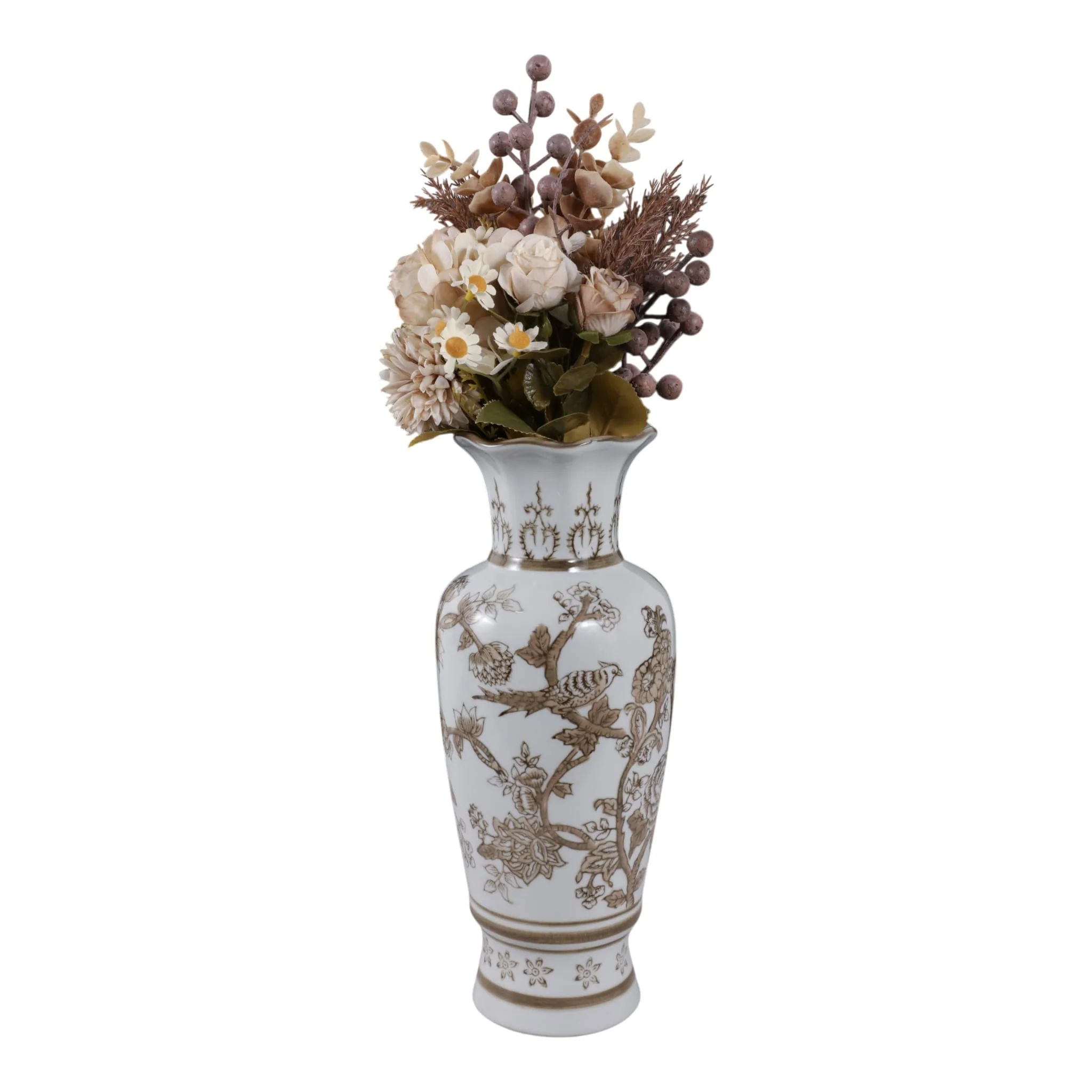 12x5" Chinoiserie Bird & Vines Vase, Brown/white - Image 2