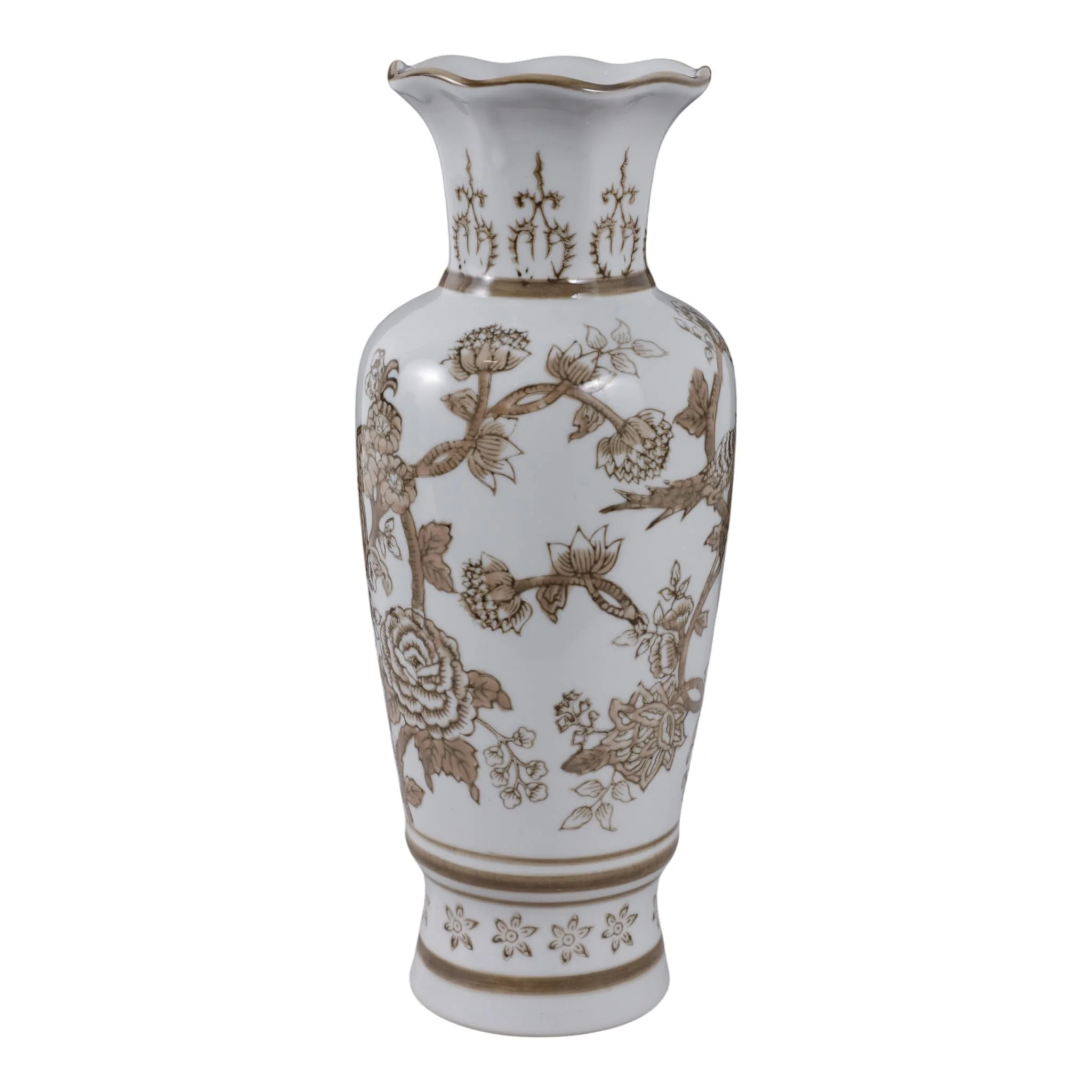 12x5" Chinoiserie Bird & Vines Vase, Brown/white - Image 3