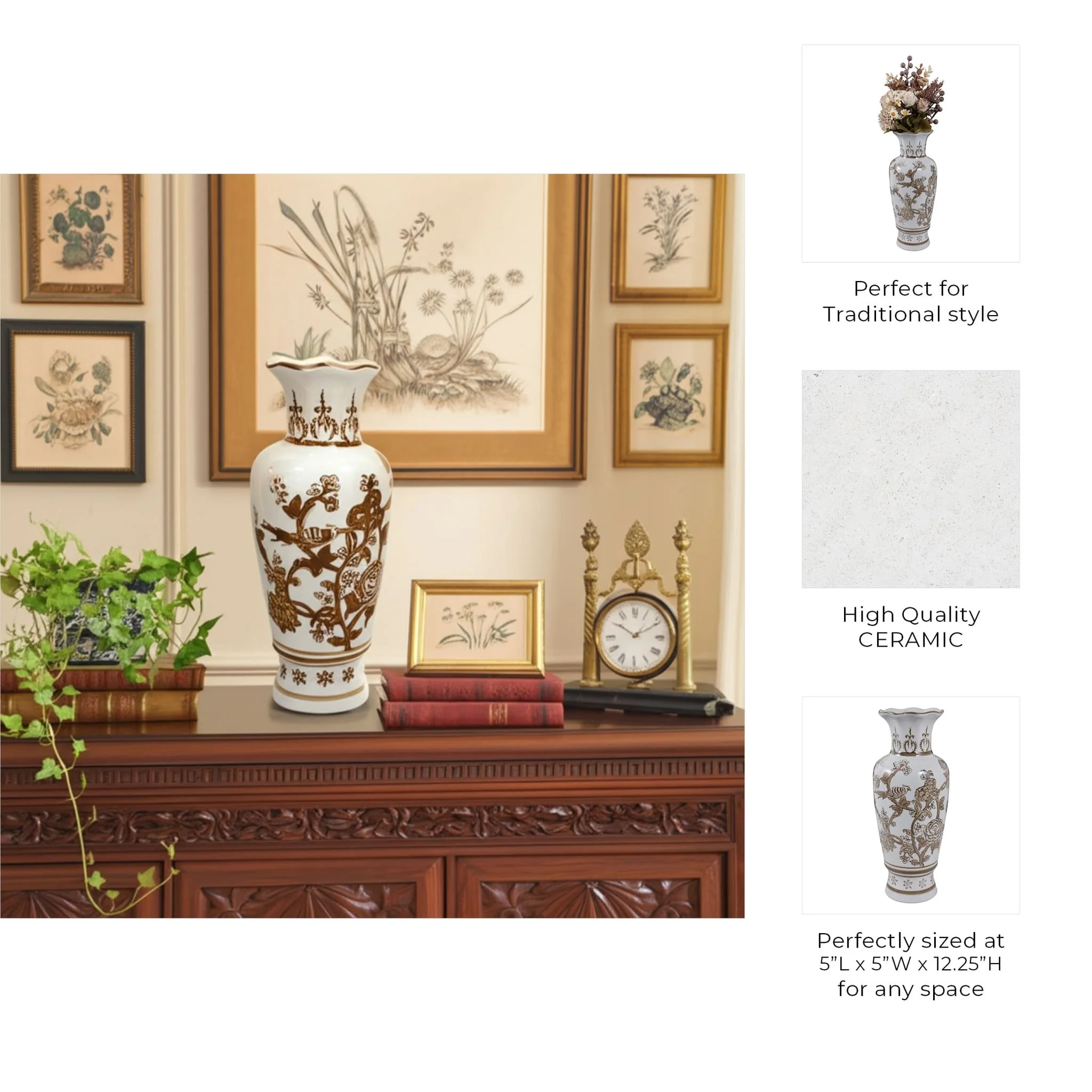 12x5" Chinoiserie Bird & Vines Vase, Brown/white - Image 9