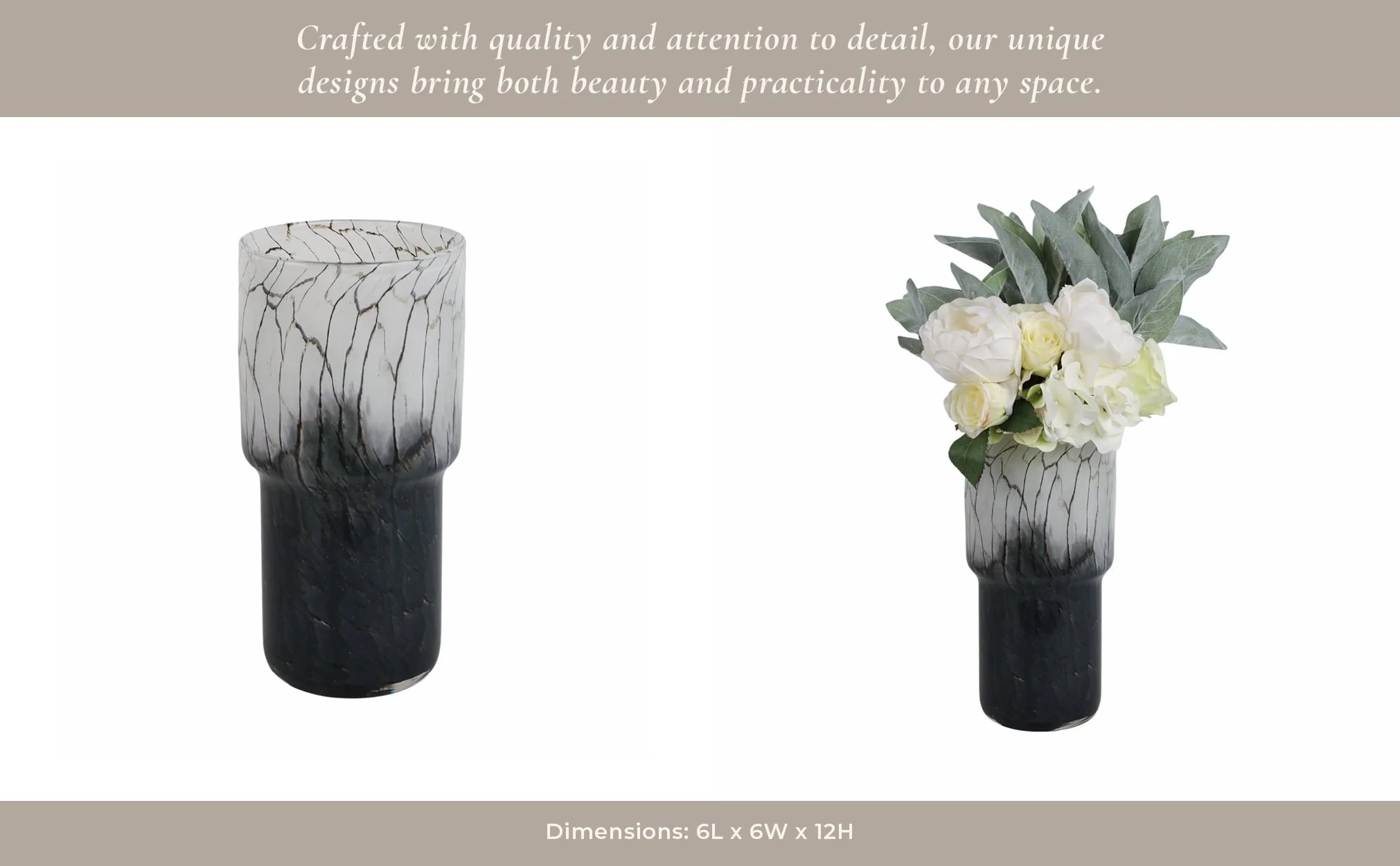 12x6" Abstract Glass Vase With Veining, White/blac - Image 11