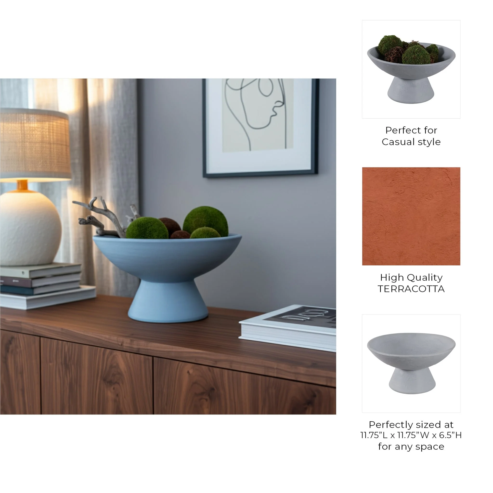 12x6" Terracotta Pedestal Bowl, Blue - Image 9
