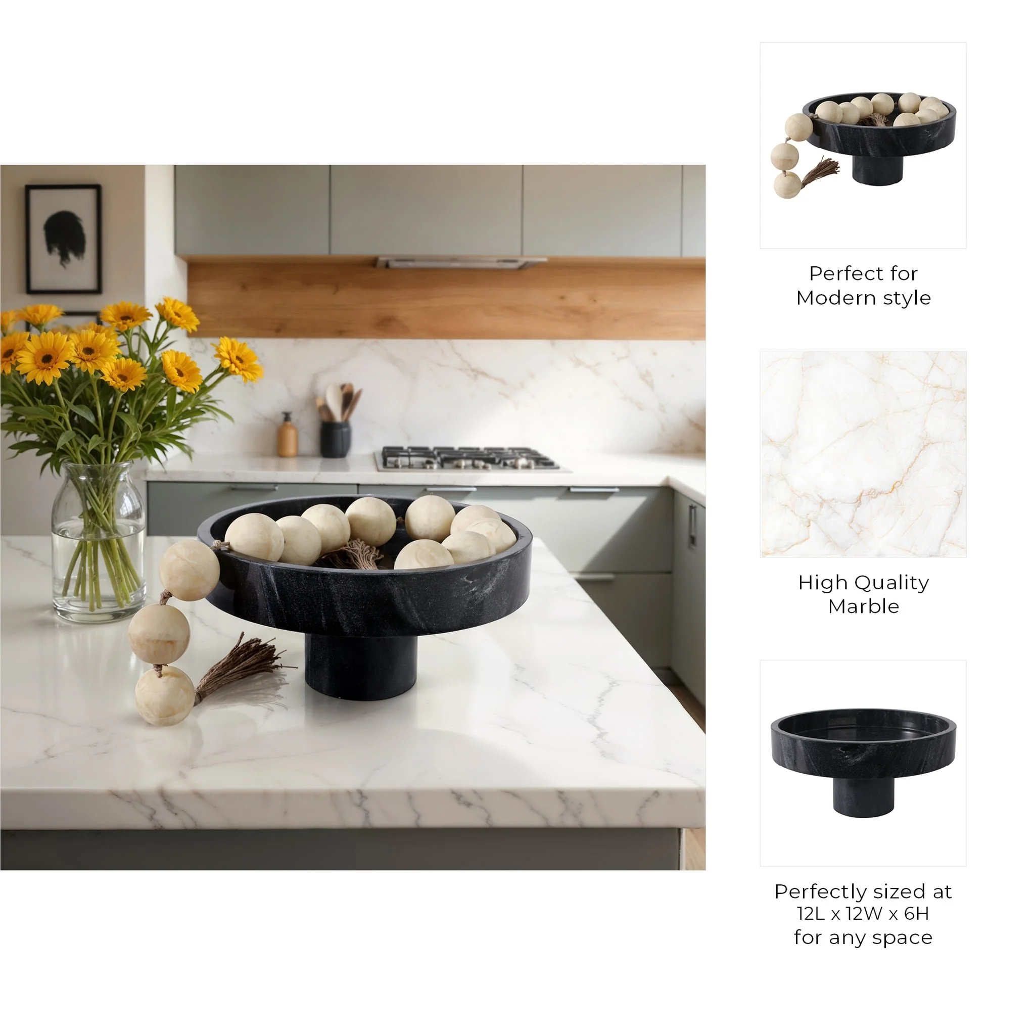 12x6"marble Pedestal Bowl, Black - Image 10