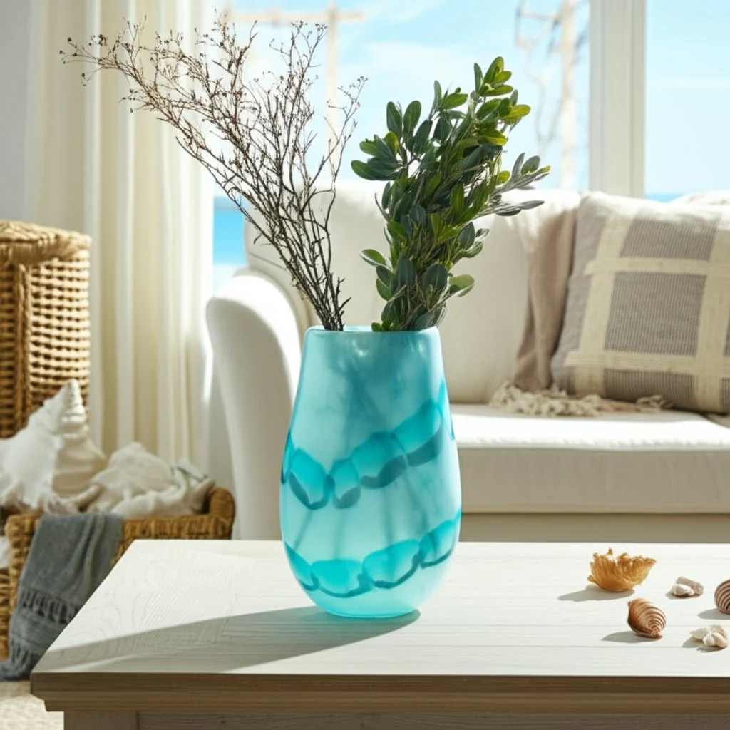 12x7" Bead Pattern Glass Vase, Blue - Image 12